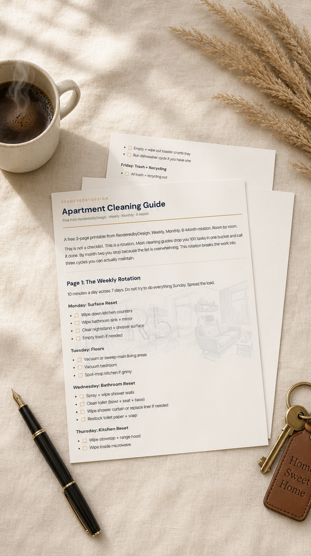 Apartment Cleaning Checklist printable fanned across daily, weekly, monthly, and move-out sections on a cream linen surface