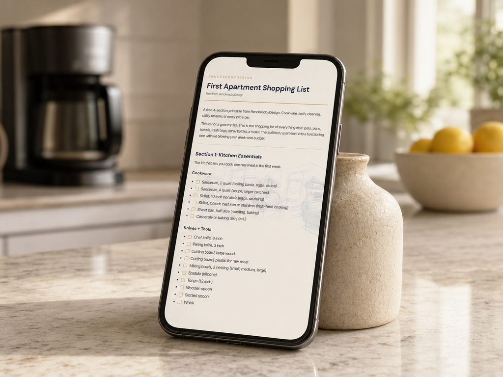 First Apartment Essentials Shopping List printable across kitchen, bath, bedroom, living room sections on a cream linen surface