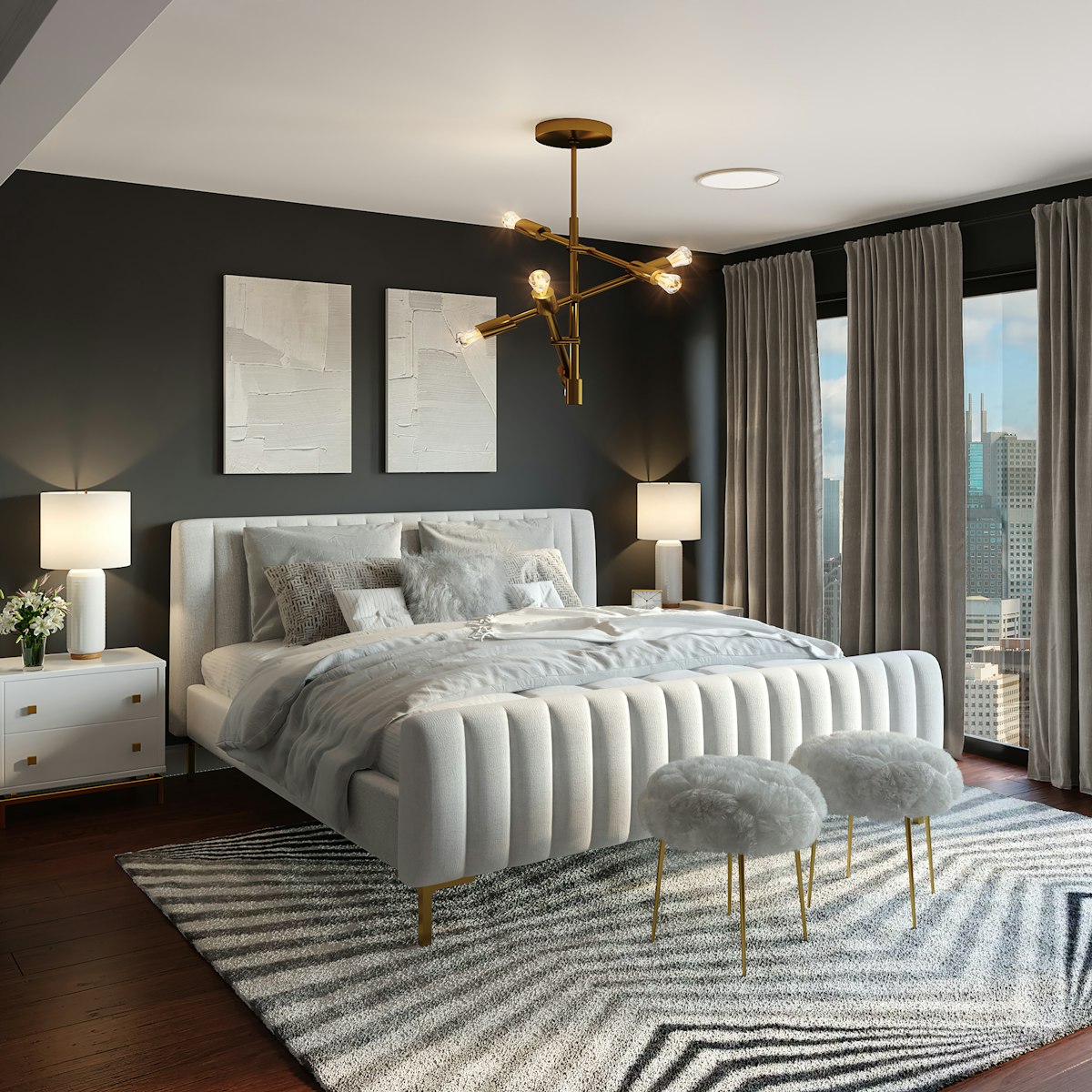 Modern bedroom with platform bed frame, nightstand, and neutral bedding in apartment setting