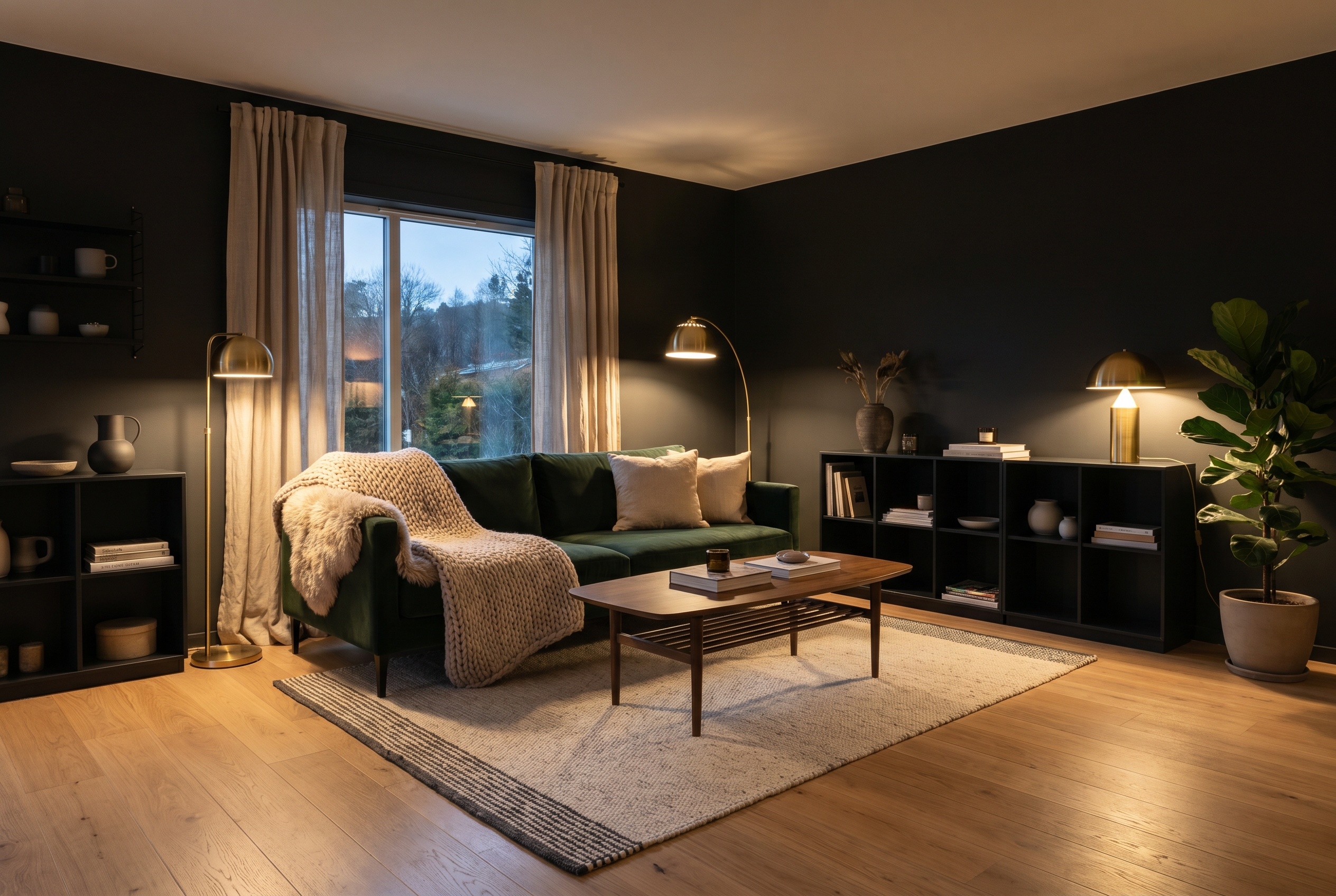 Dark Scandinavian living room with charcoal walls, smoked-walnut floor, oat textiles, and warm brass lamplight