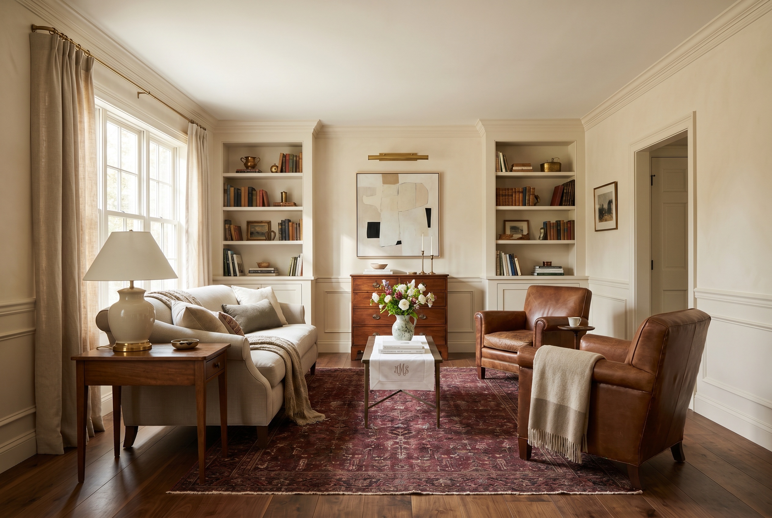 Modern Heritage living room with warm limewash walls, walnut casegoods, antique brass picture lights, and a vintage rug mixing old and new