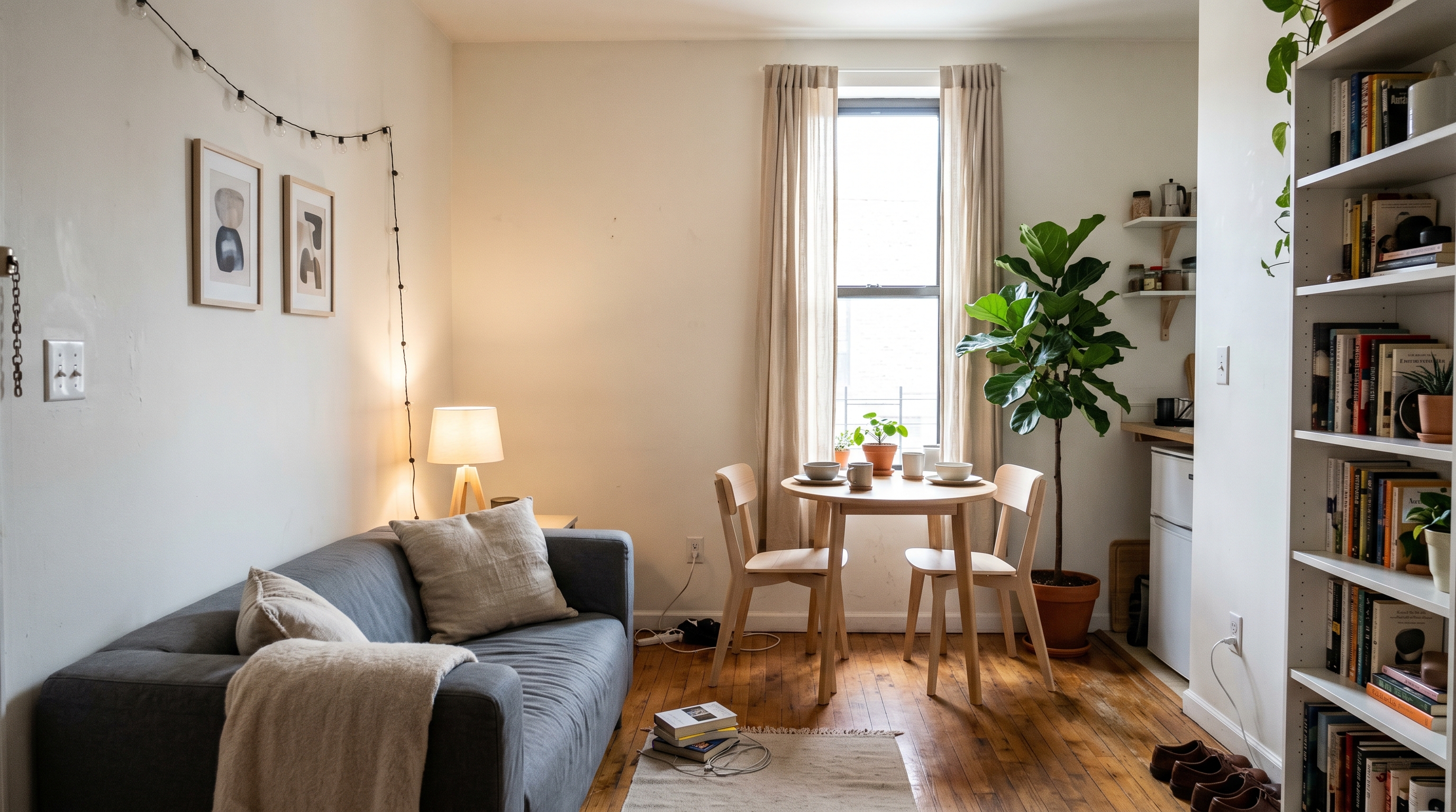 A small 450 square foot Brooklyn studio apartment decorated in Scandinavian style on a tight budget with KLIPPAN sofa, BILLY bookcase, and a round oak table with two ash chairs