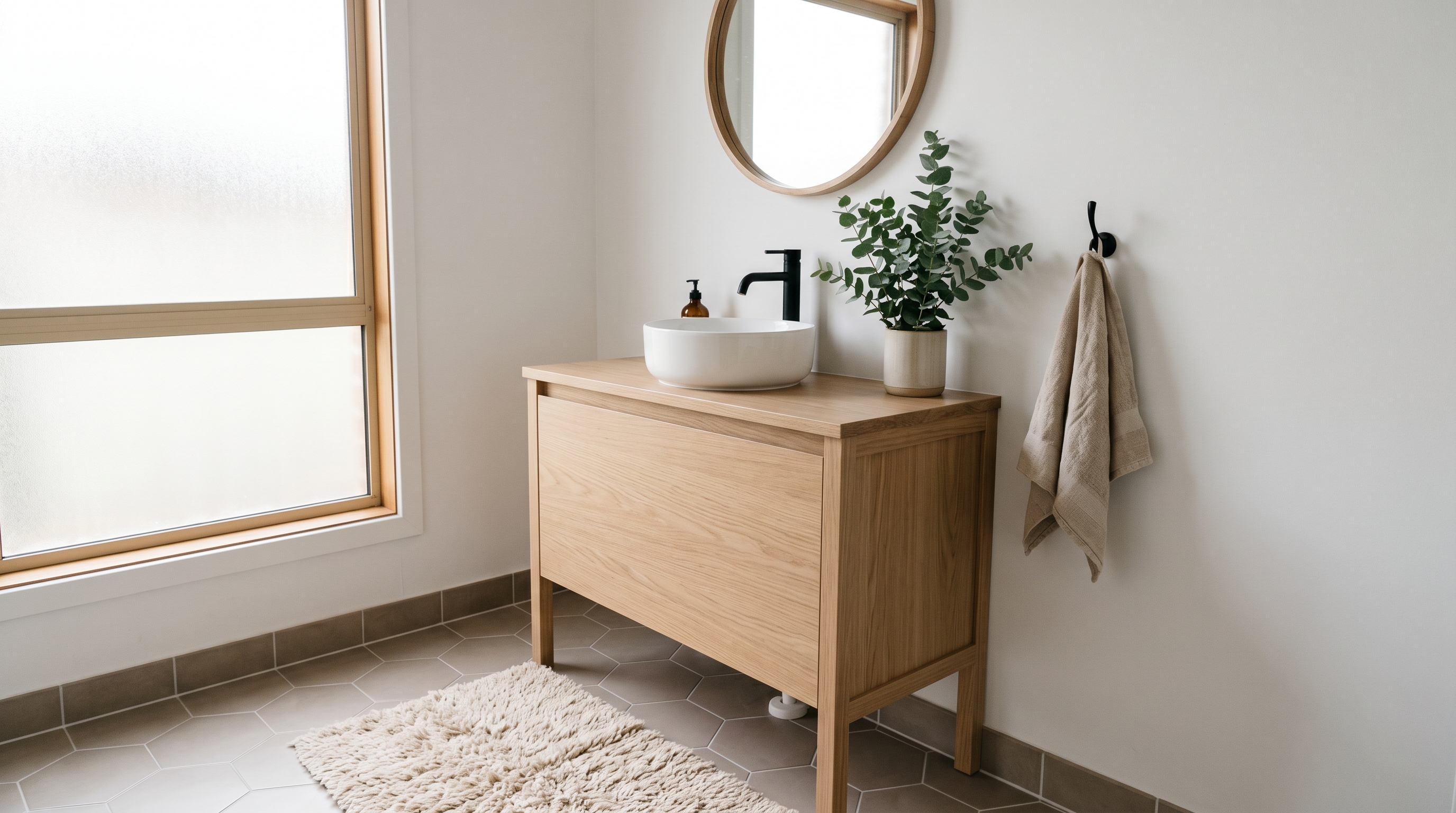 A Scandinavian bathroom in a renter apartment with matte white walls, a simple hex-tile floor in warm greige, a pale oak vanity, a clean white ceramic sink, matte black tapware, a fluffy natural wool bath mat, and a linen hand towel
