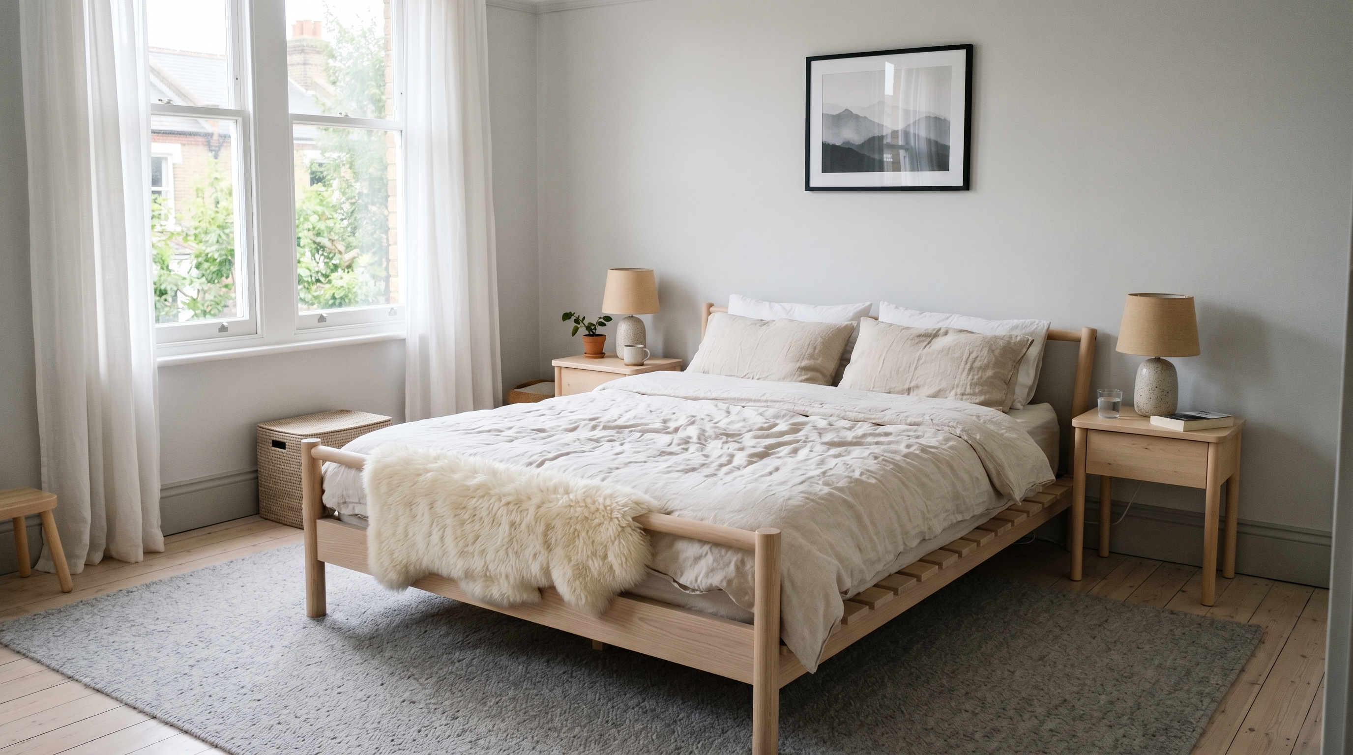 A Scandinavian bedroom in a renter apartment with a low pale oak platform bed, crumpled natural linen duvet, two birch nightstands with ceramic lamps, and a sheepskin throw over the footboard