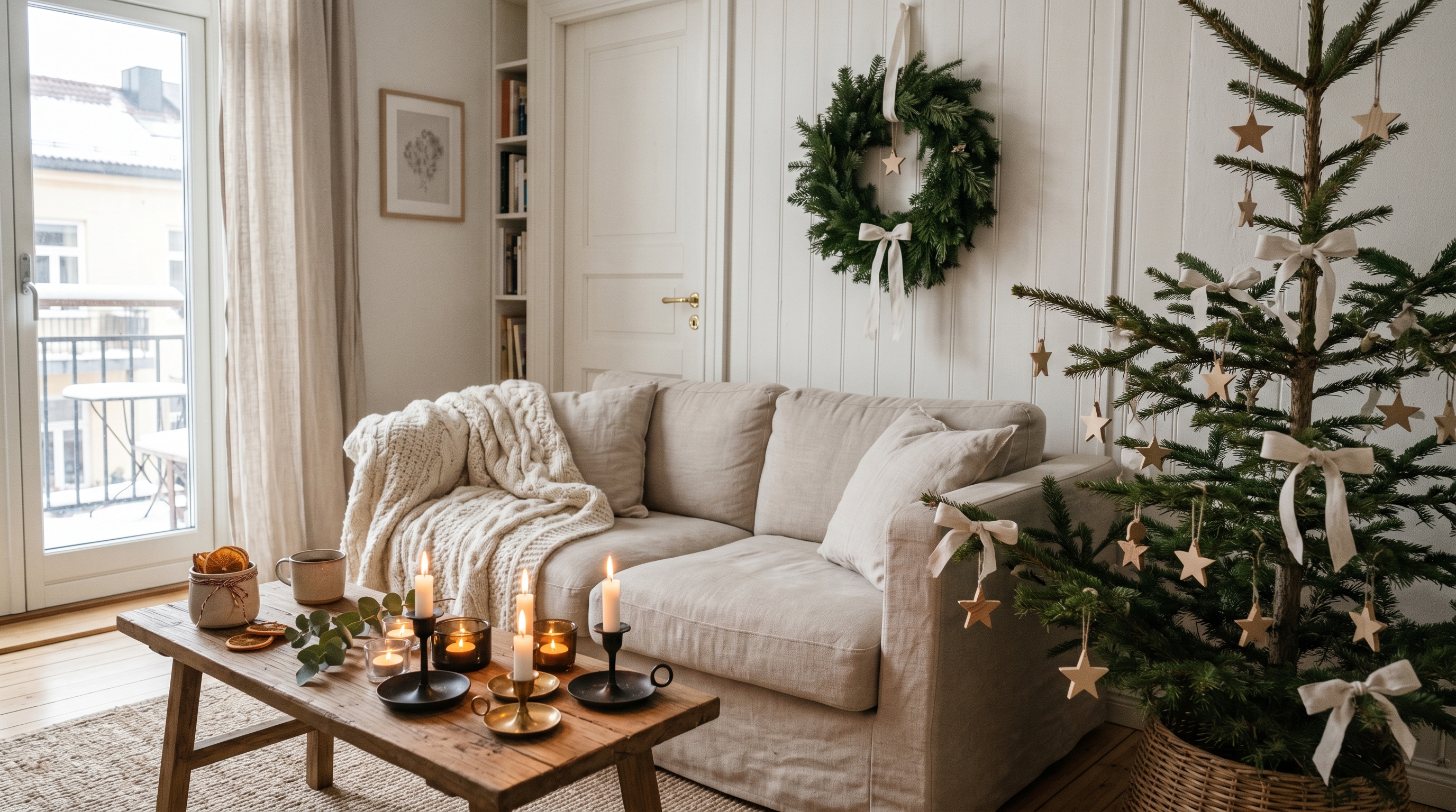 A Scandinavian Christmas living room in a small apartment with an undecorated pale pine tree with white linen ribbons and wood star ornaments, a wool blanket on a linen sofa, brass and black candle holders, an evergreen wreath, dried orange slices, and eucalyptus sprigs