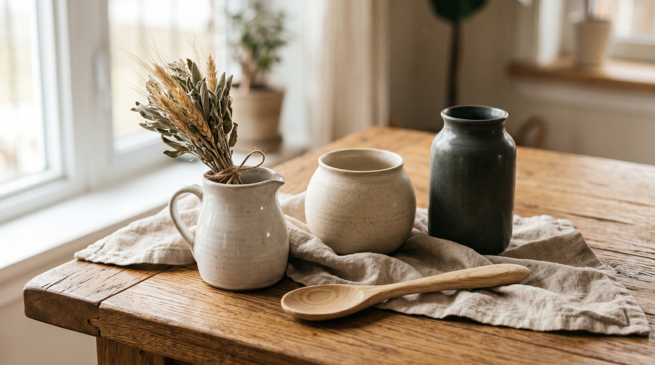 A still life on a warm oak table with three ceramic vessels in off-white, oat cream, and forest grey, a pale oak wood spoon, a bundle of dried wheat, and natural linen cloth in morning daylight