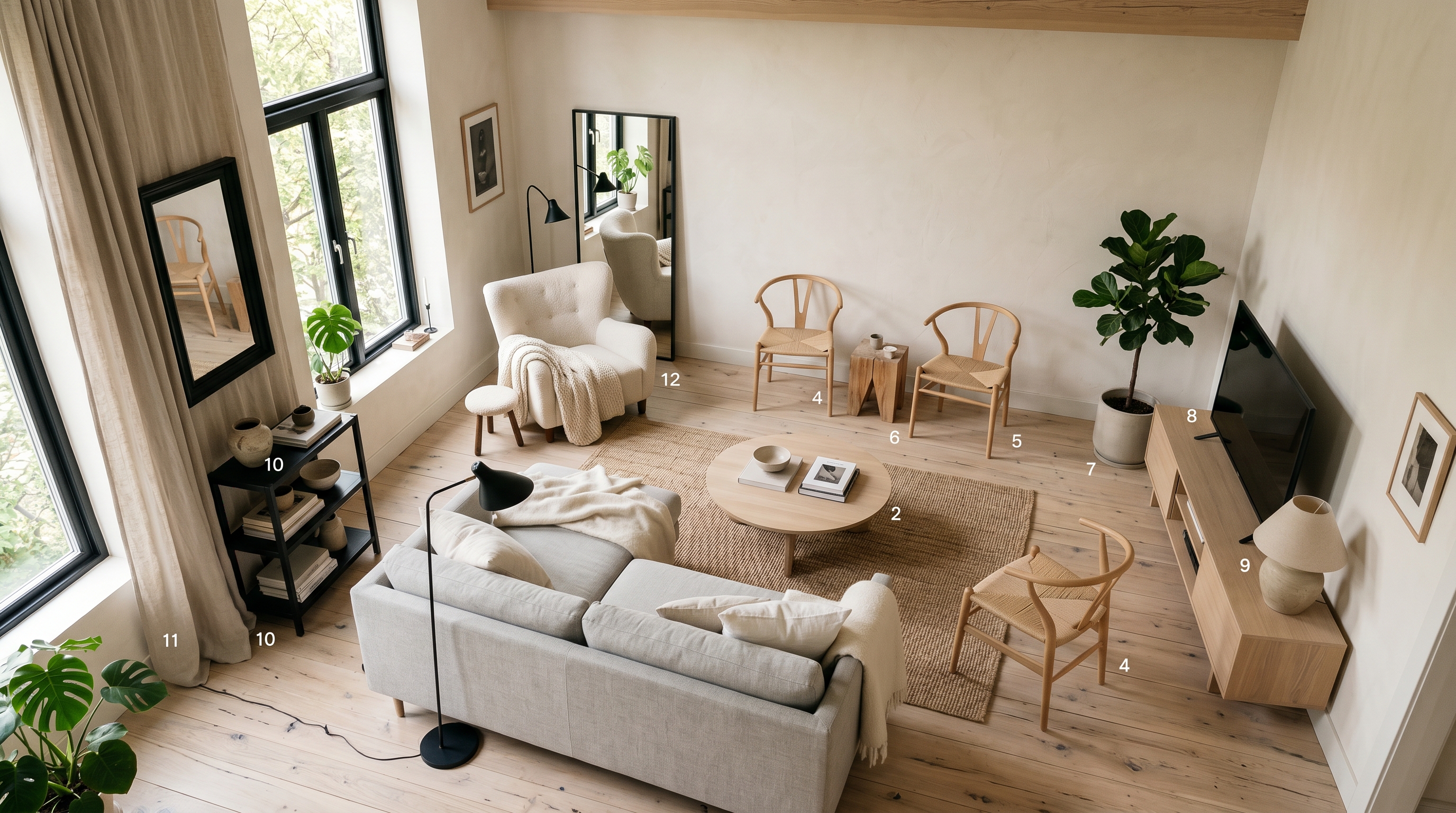 An overhead three-quarter view of a Scandinavian living room in a real apartment showing twelve essential furniture pieces arranged naturally, not in a catalog layout