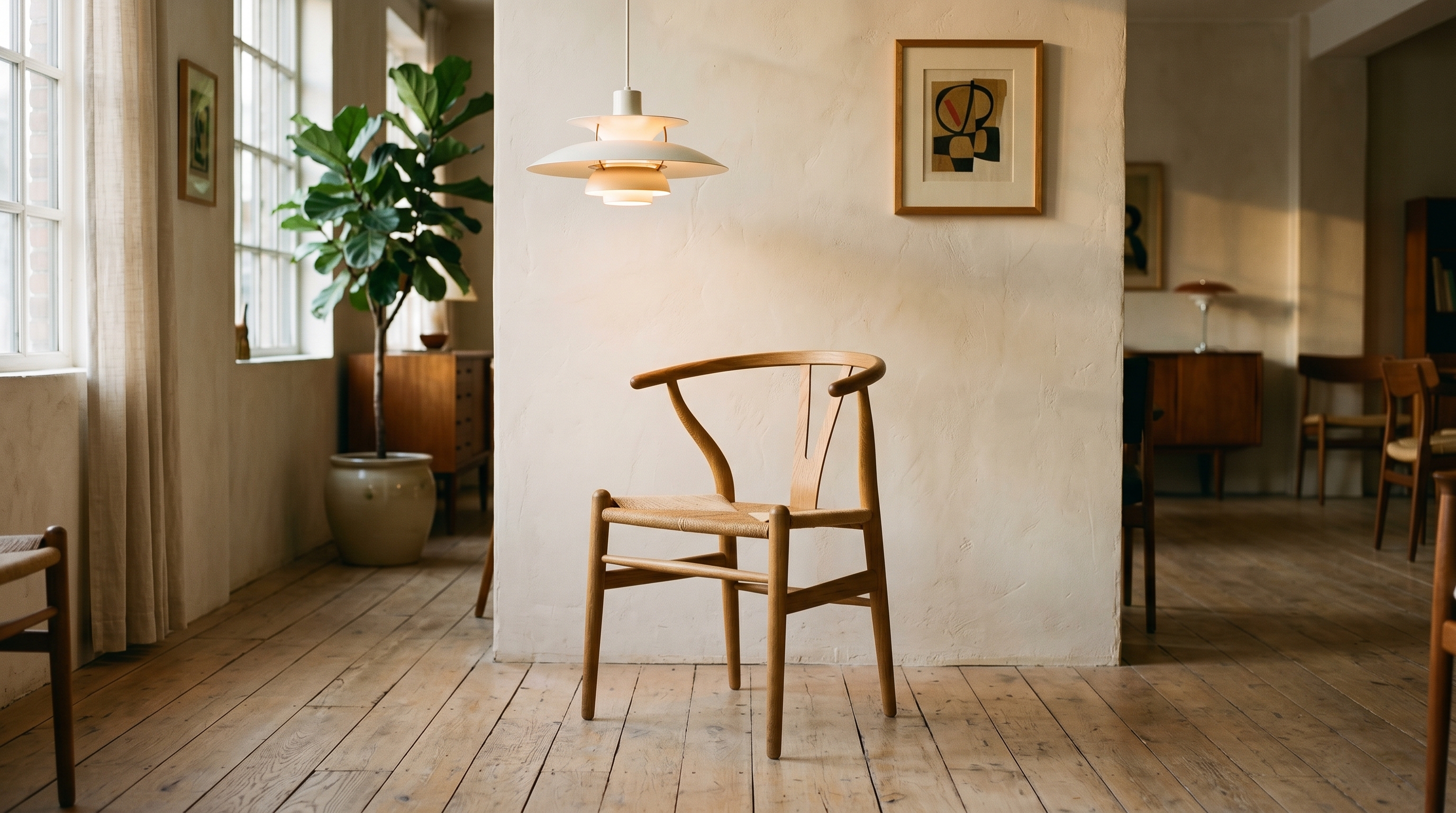 A restored 1950s Scandinavian furniture showroom with a Hans Wegner CH24 Wishbone chair on pale oak floor, warm off-white walls, and a single Louis Poulsen PH pendant lamp