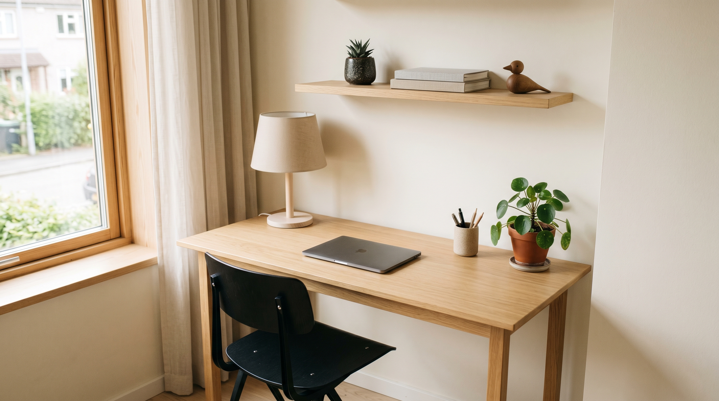 A Scandinavian home office setup in a small apartment nook with a pale oak desk against a warm off-white wall, a black plywood chair, a single desk lamp, a closed laptop, and a floating oak shelf above