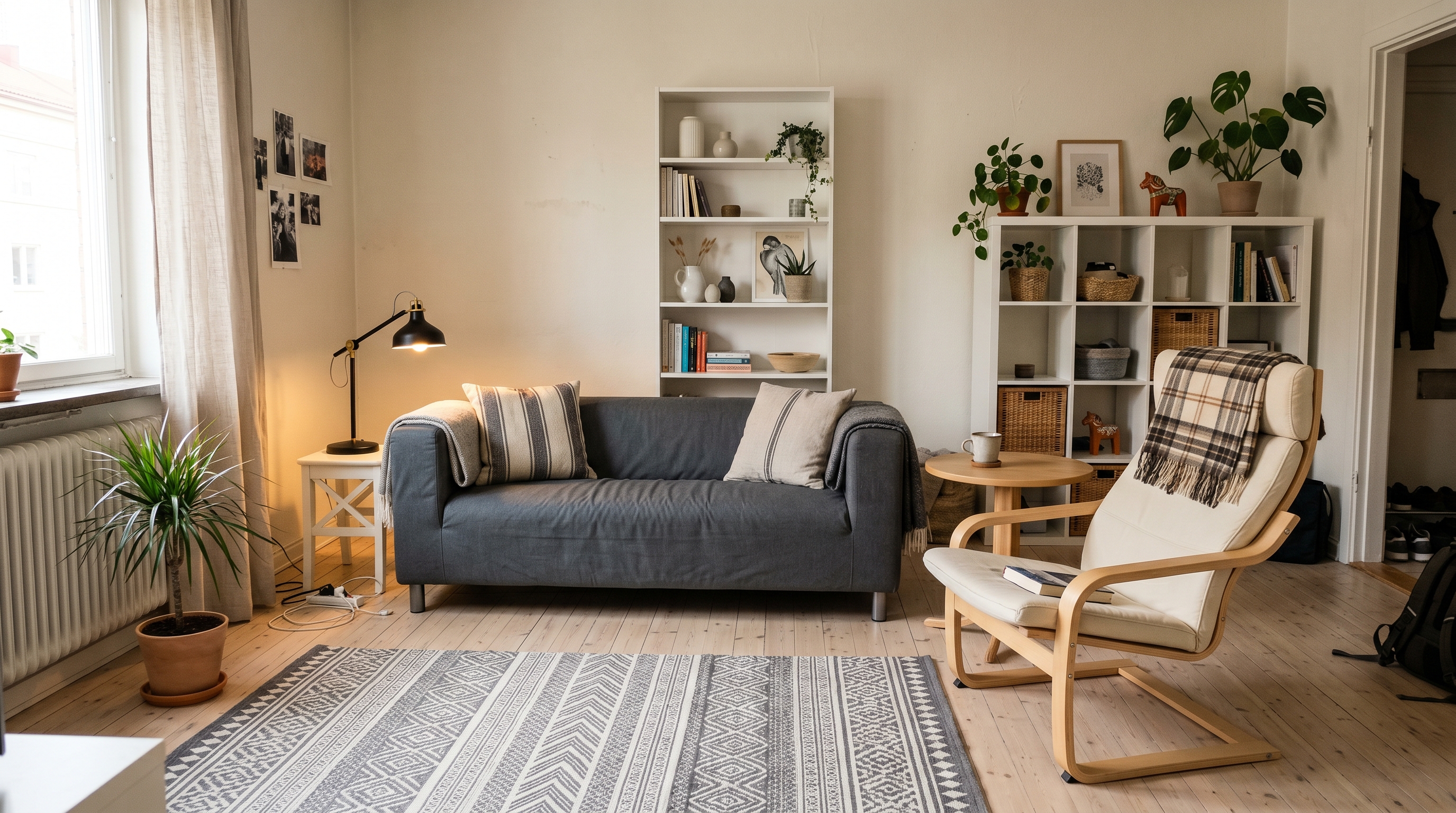 A Scandinavian living room fully furnished with IKEA pieces including a POÄNG armchair in birch, a KLIPPAN sofa, a BILLY bookcase, a FADO lamp, a KALLAX shelf, and an OMMJÄNGE rug in a real small apartment
