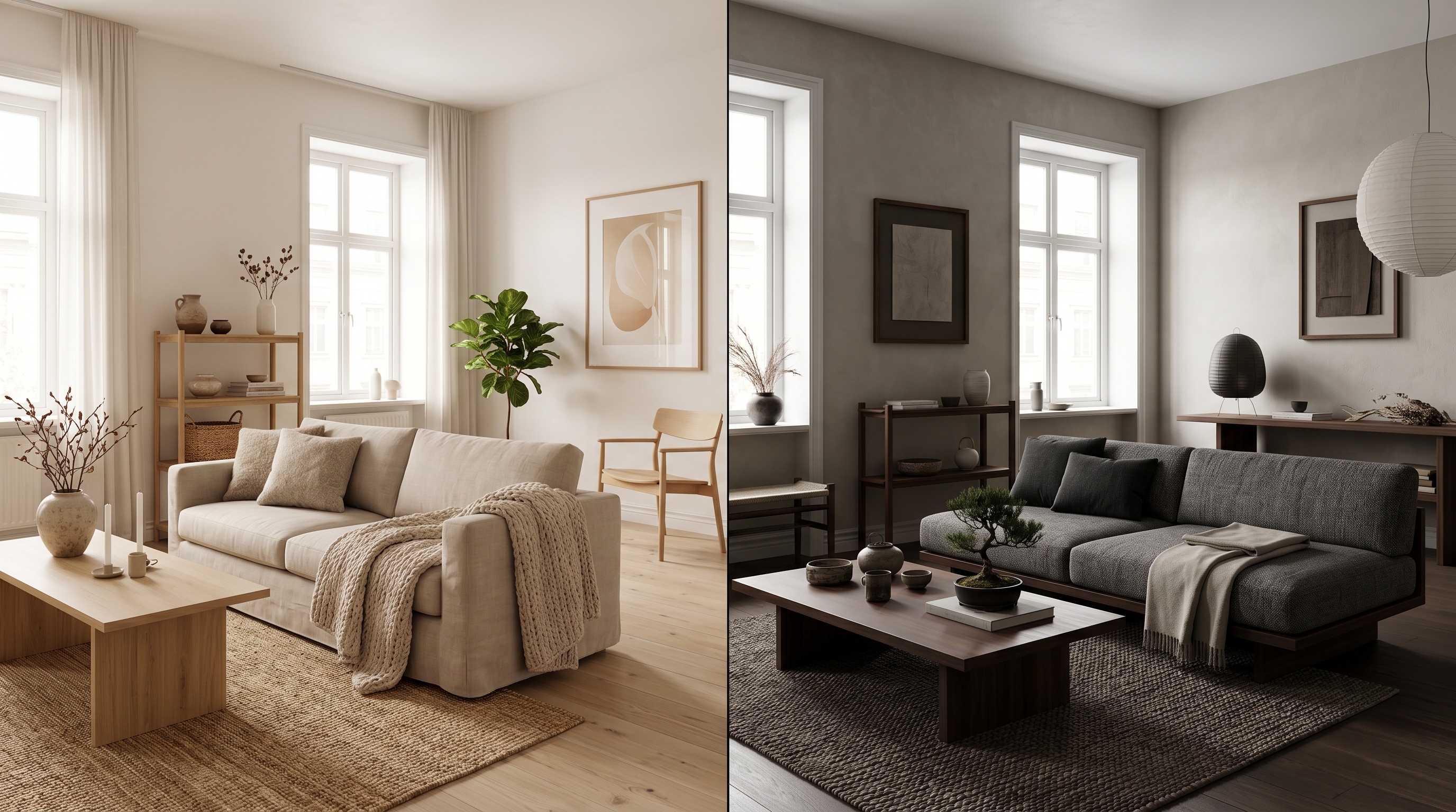A side-by-side split composition showing a Scandinavian living room on the left in warm off-white and pale oak with linen sofa, and a Japandi living room on the right with darker walnut and cooler greige tones with wabi-sabi ceramics