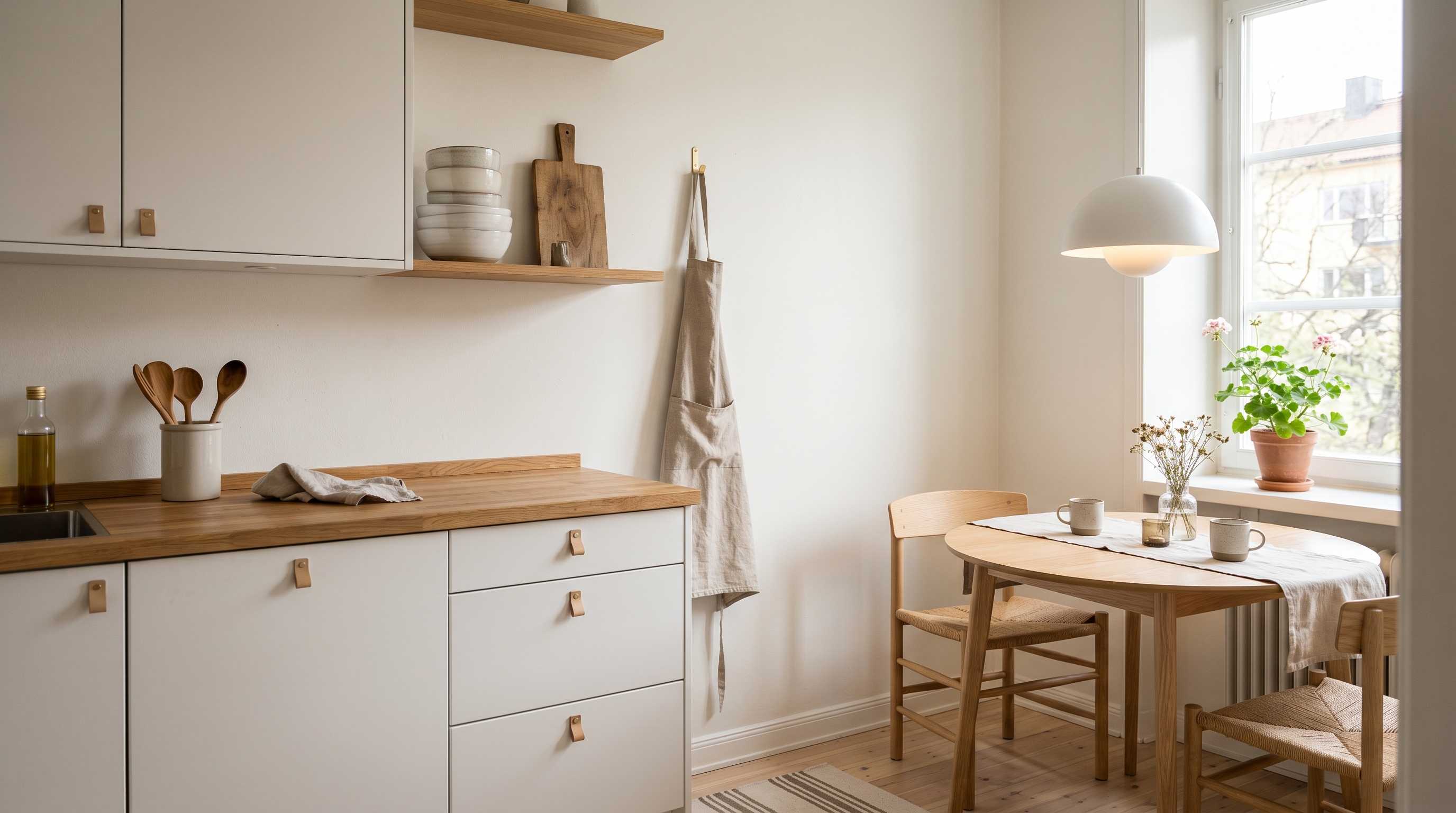A Scandinavian kitchen with matte white flat-front cabinets, pale oak butcher-block countertops, open shelving with five ceramic bowls, a natural linen apron, and a pendant lamp above a small round oak dining table with two ash chairs