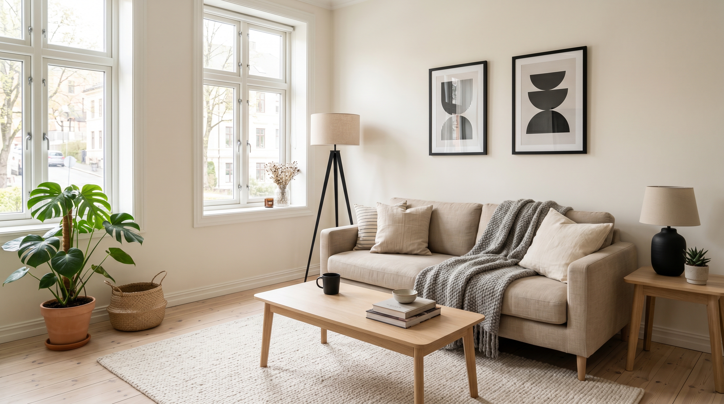 A Scandinavian living room in a 650 square foot apartment with a beige linen low-profile sofa, a pale oak coffee table, a cream wool rug, a tripod floor lamp, and a tall monstera plant