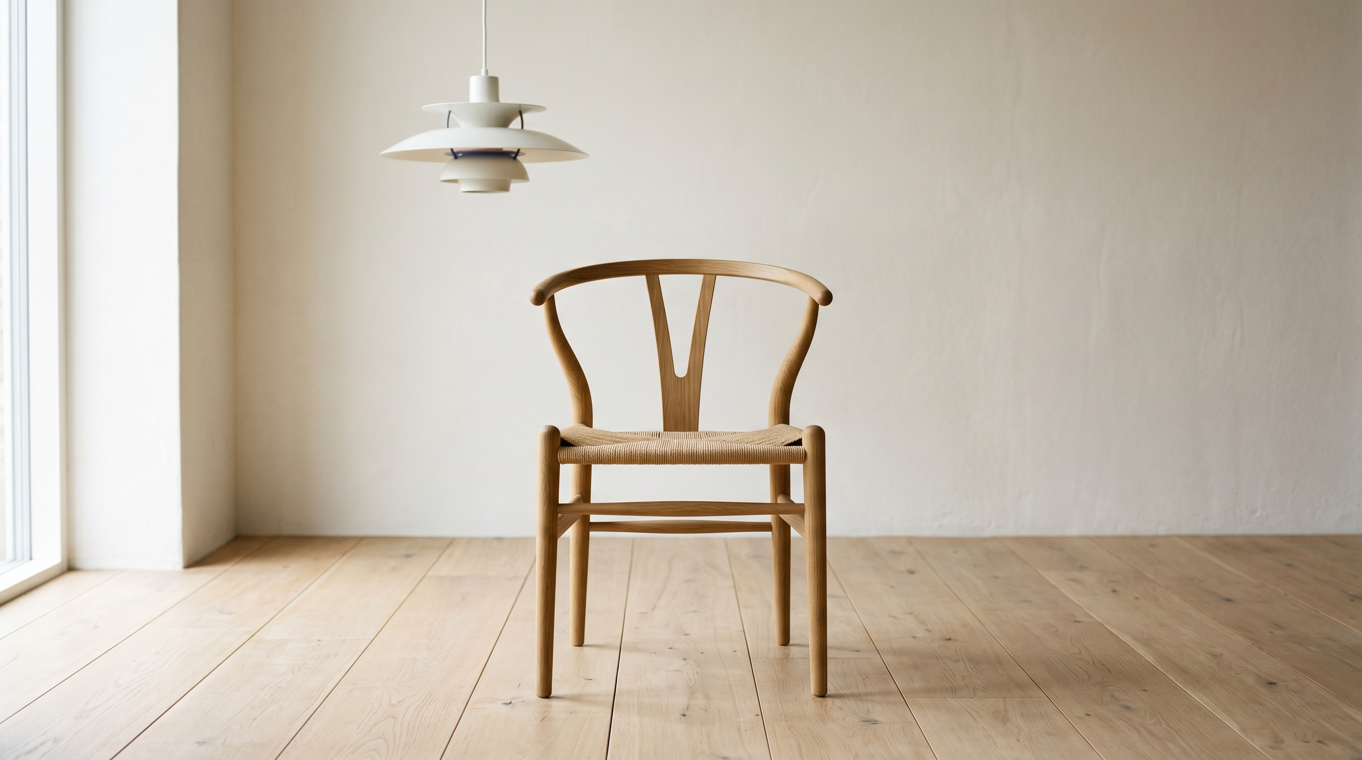 A centered editorial still life of an authentic Hans Wegner CH24 Wishbone Chair on a pale oak floor in front of a warm off-white wall with a Louis Poulsen PH 5 pendant lamp above
