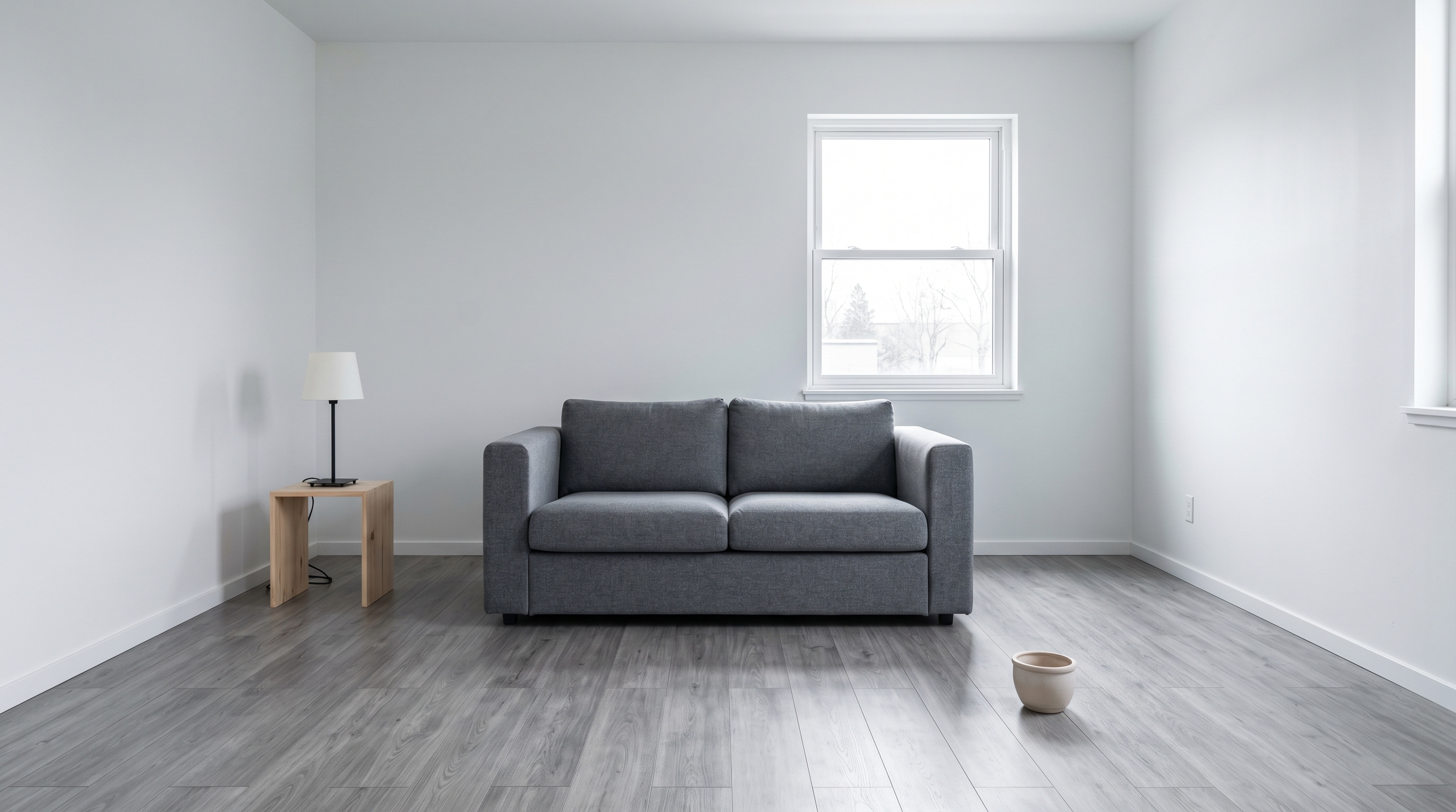 An interior design still life showing a Scandinavian living room that looks basic and over-staged with pure bare white walls, a cool-grey sofa, fake grey wood laminate floor, and one lonely lamp