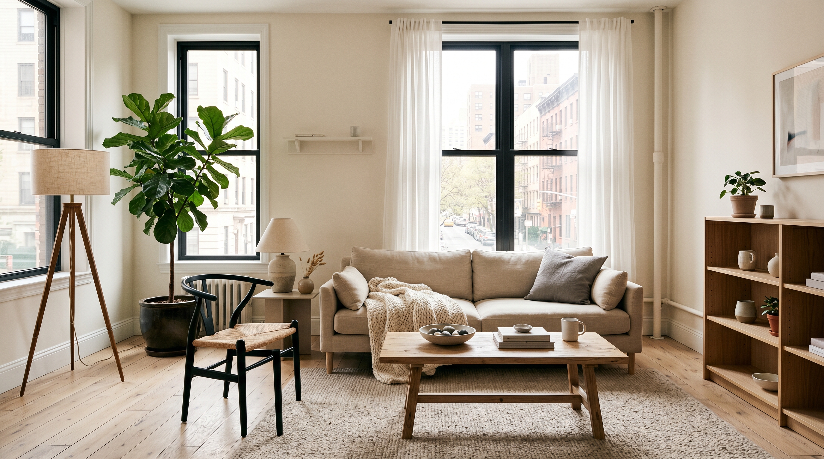 A warm Scandinavian interior design living room in a real 700 square foot New York apartment with pale oak floors, a beige linen sofa, a tripod floor lamp, and a Wishbone chair