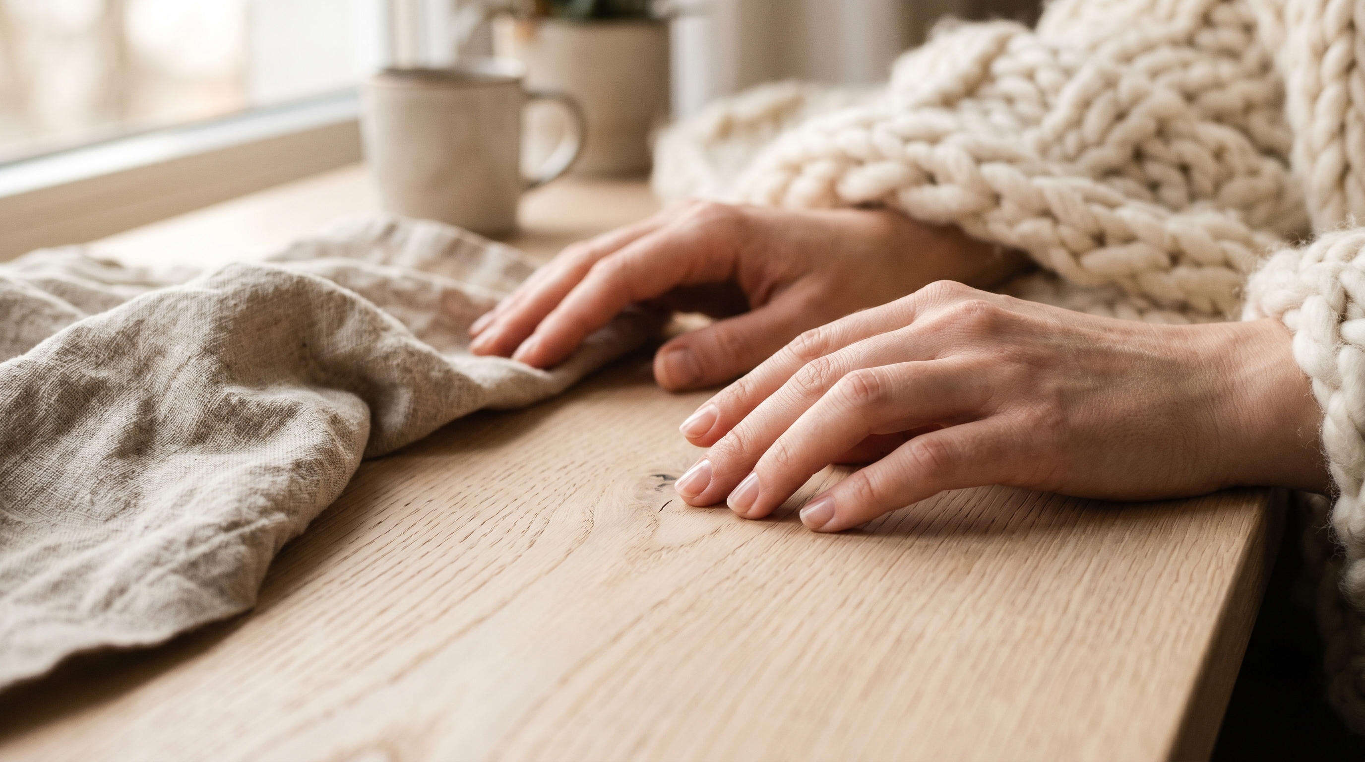 Close-up of hands touching pale oak wood grain next to a draped linen fabric and a chunky cream wool throw, warm morning light