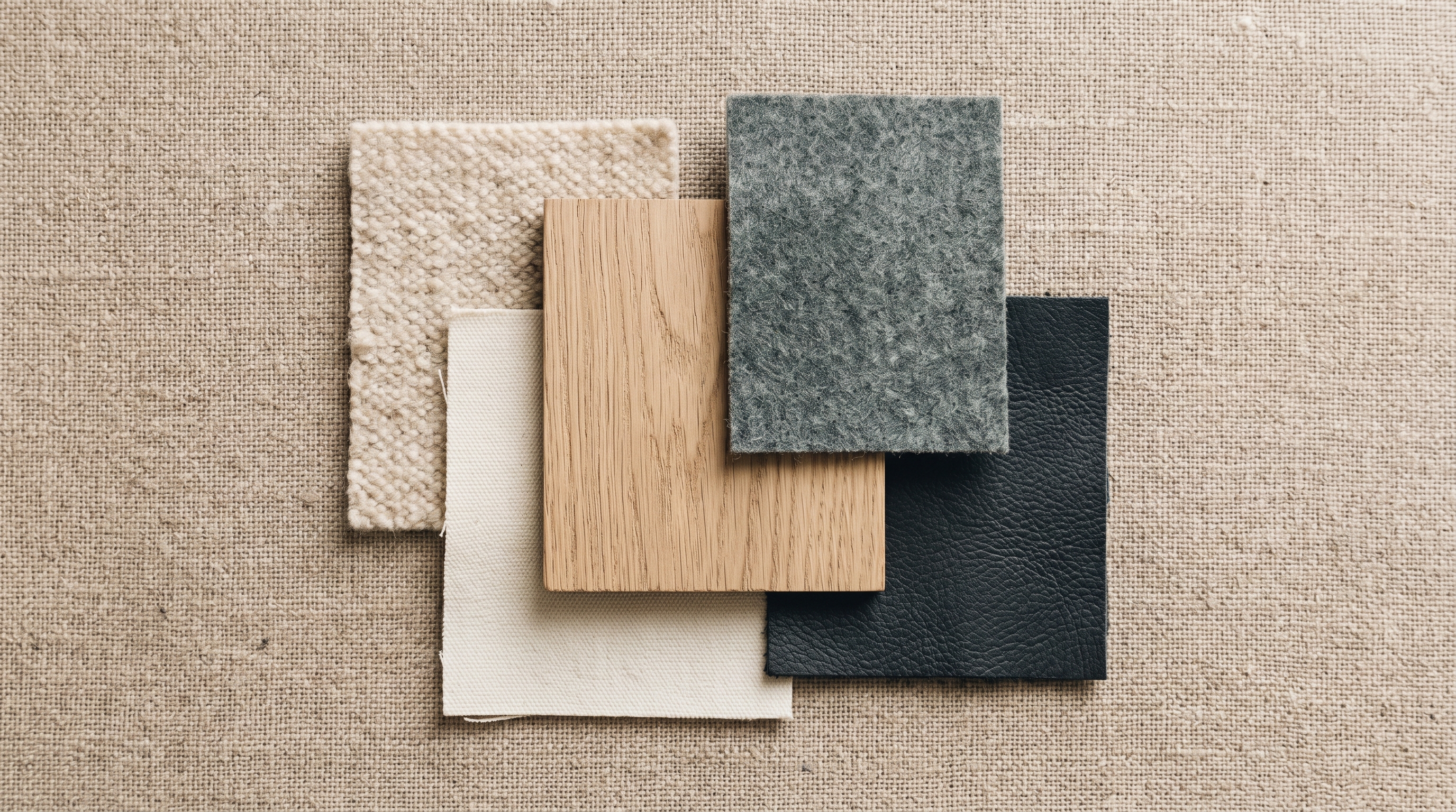 A flat-lay palette composition showing warm off-white, oat cream, pale oak wood grain, forest grey felt, and charcoal ink swatches on a natural linen background