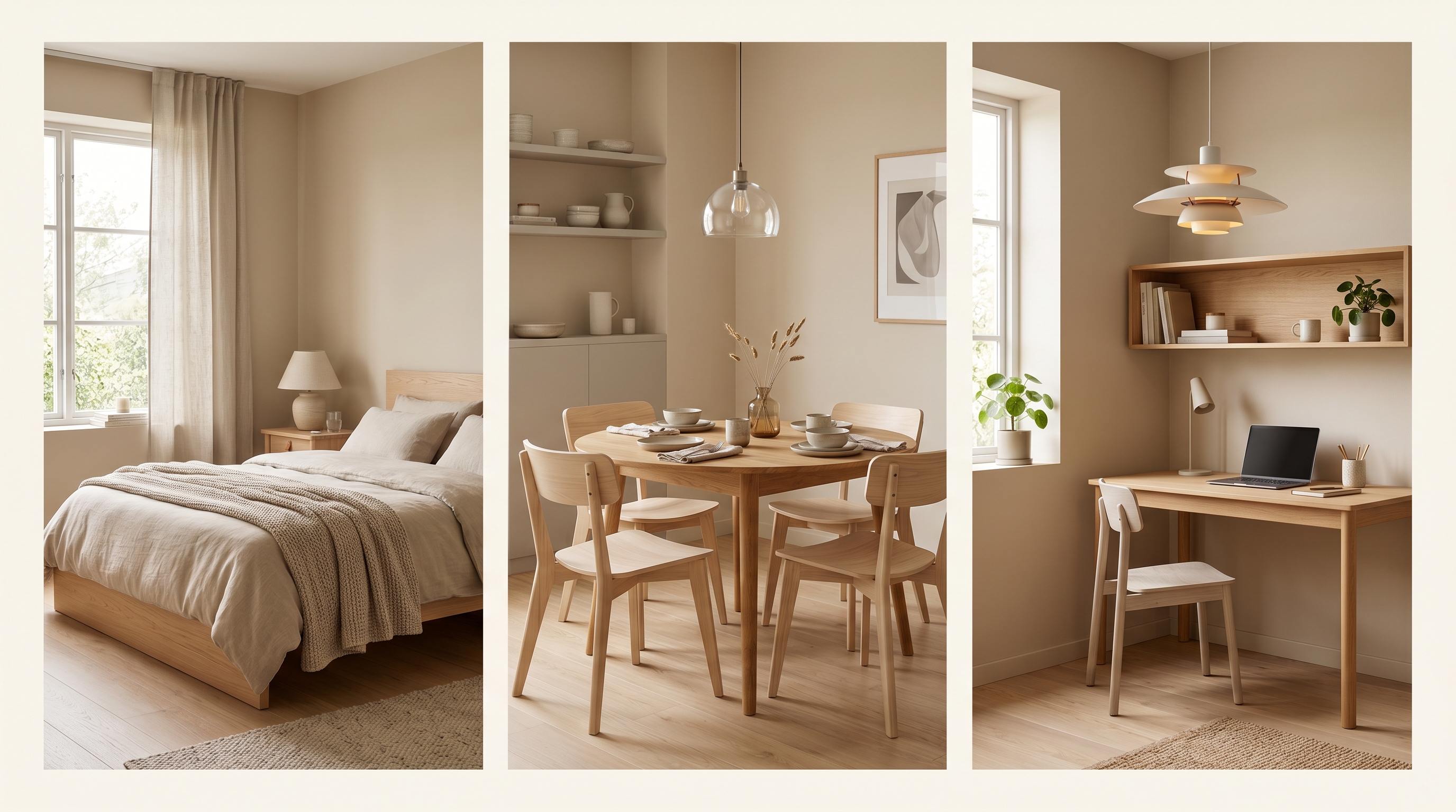 A triptych split frame showing a Scandinavian bedroom, a dining area, and a home office nook in a unified warm palette