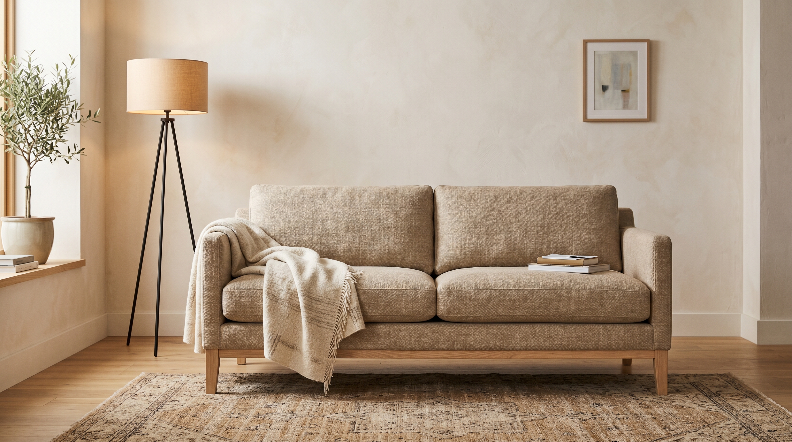 A product-focused editorial still life of a single beige linen low-profile Scandinavian sofa with visible pale oak legs, centered on a warm off-white wall with a wool throw draped over one arm and a tripod floor lamp to the side