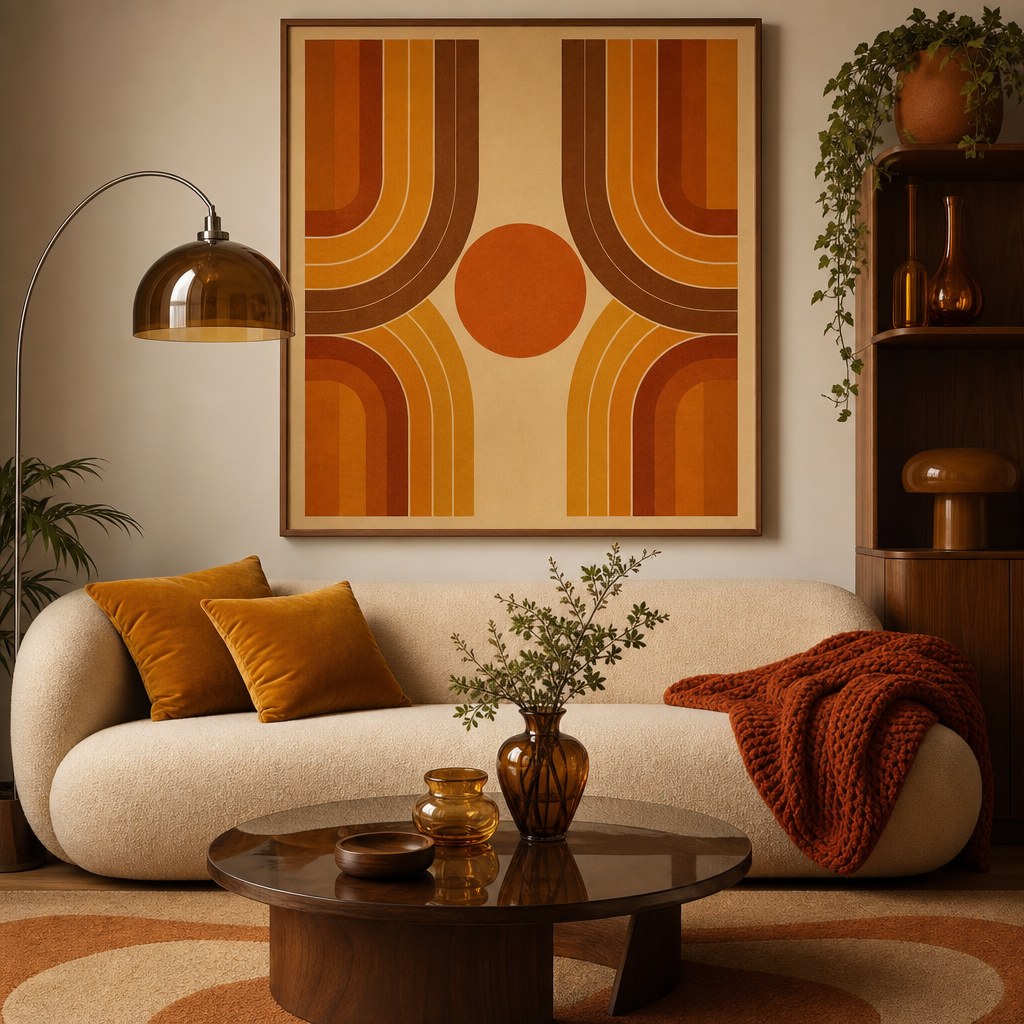 70s revival earth tone palette: mustard yellow velvet pillow covers on cream sofa, amber glass vases in warm honey tone on walnut wood shelf, burnt orange chunky knit throw, unglazed terracotta pot with trailing plant