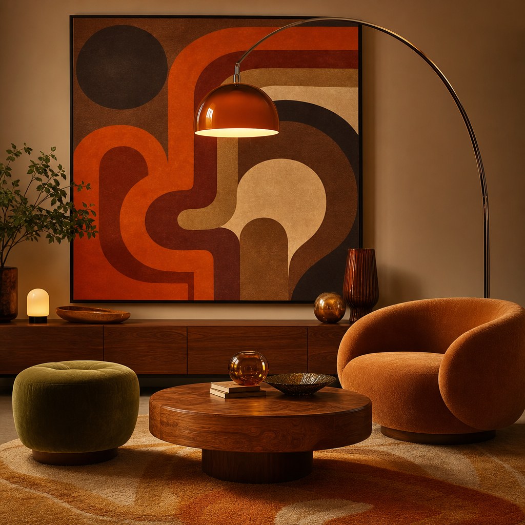 70s revival curved seating core: velvet mushroom accent stool in avocado green beside a round mango wood coffee table, curved velvet accent chair in camel tones, all with soft organic silhouettes and no sharp edges
