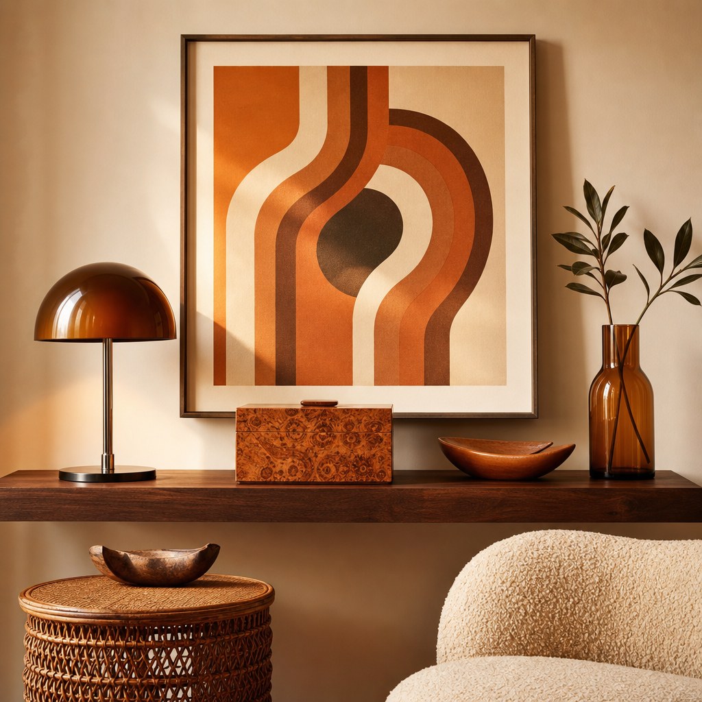 70s revival warm wood layer: burl wood decorative box with swirling grain pattern on walnut floating shelf, rattan wicker accent side table, teak carved bowl, all in warm walnut and honey tones against cream wall