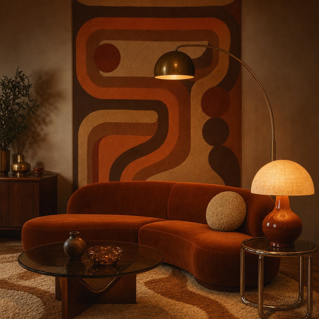 70s revival retro lighting: mushroom table lamp with terracotta ceramic base and cream linen dome shade casting warm amber light, arc floor lamp in antique brass with dome shade curving over curved velvet seating area