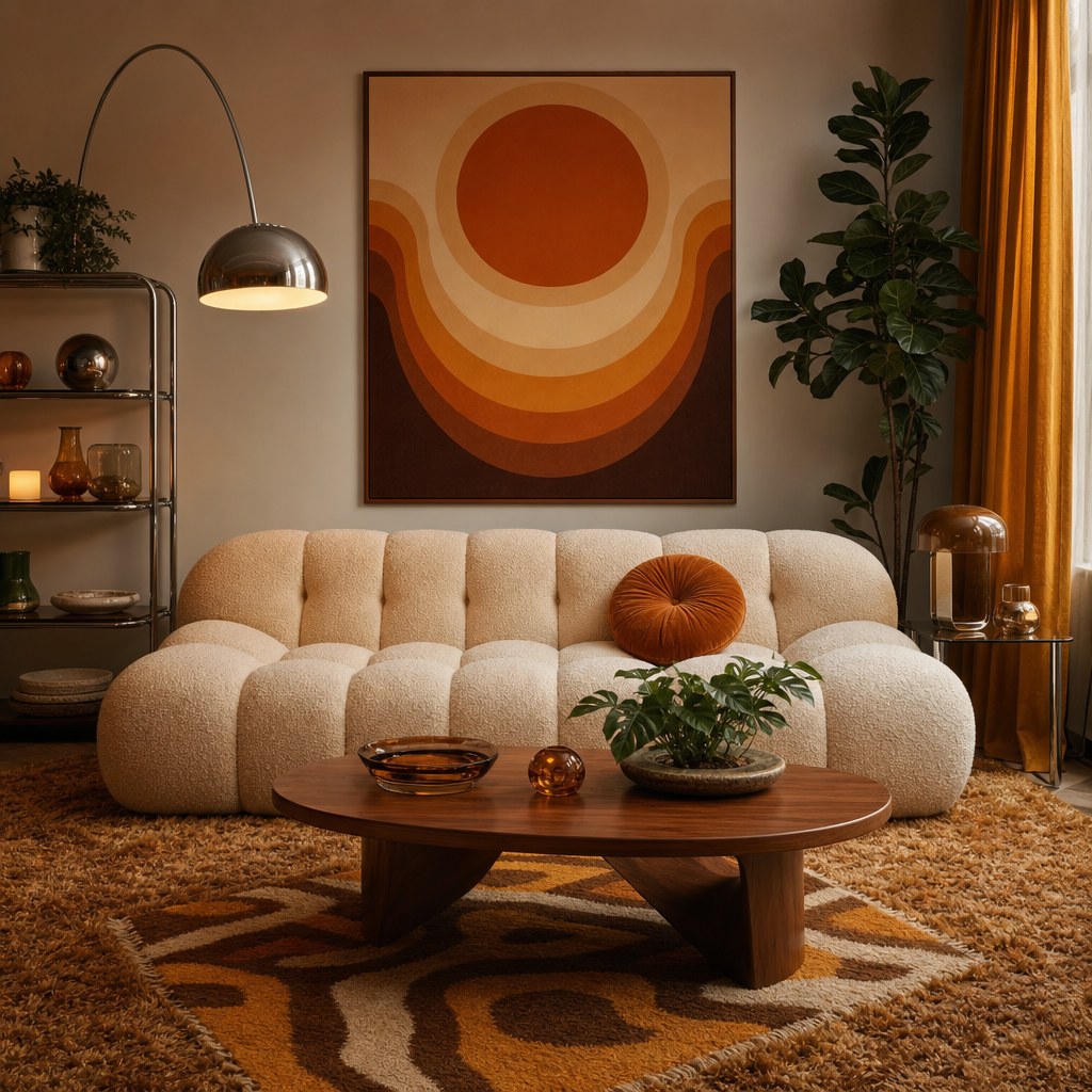 70s revival textile foundation: shag area rug in camel and warm brown tones under curved wood coffee table, small geometric throw rug layered over shag at an angle in mustard and brown pattern, mustard yellow velvet curtains at window