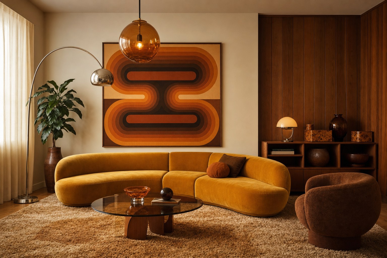 70s revival living room with curved velvet sofa in mustard yellow, warm walnut wood paneling on one wall, globe pendant light in amber glass, shag area rug in camel tones, and burl wood accessories on low wooden shelving