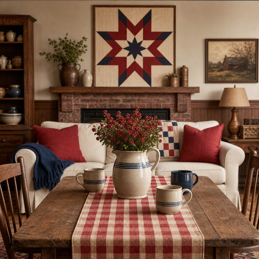 Americana heritage palette: barn red linen pillow covers on cream sofa, navy blue woven throw folded over arm, cream-and-red buffalo check table runner on a reclaimed wood dining table, glazed stoneware mugs in navy and cream