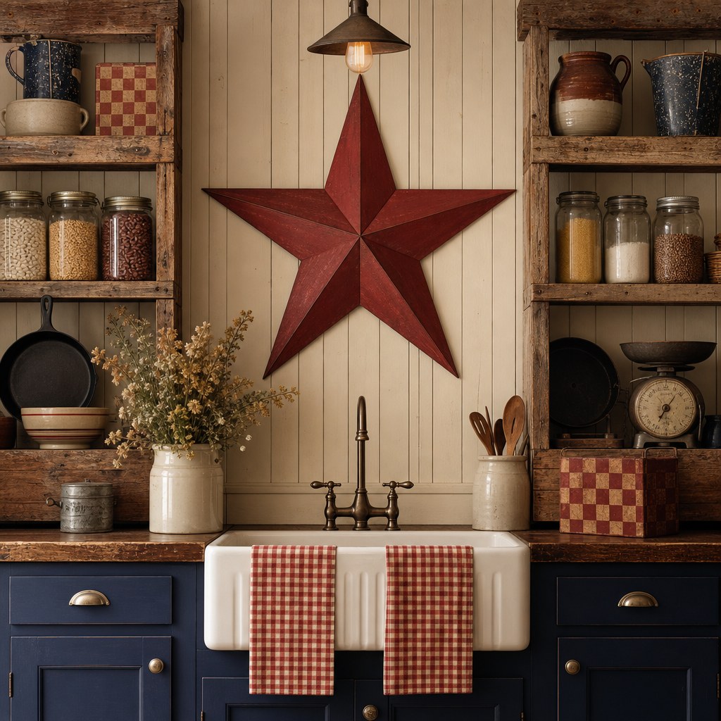 Americana kitchen with reclaimed barn wood open shelving displaying wide-mouth mason jars filled with dry goods, a cast iron skillet, vintage Americana tin sign, and a white farmhouse apron-front sink below with red gingham hand towels