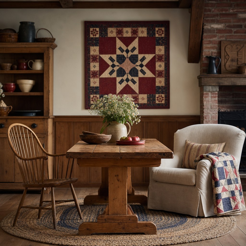 Americana Shaker furniture core: distressed pine farmhouse dining table with plank construction, Windsor spindle-back armchair in natural wood, and an overstuffed accent chair in warm cream linen upholstery on a braided jute rug
