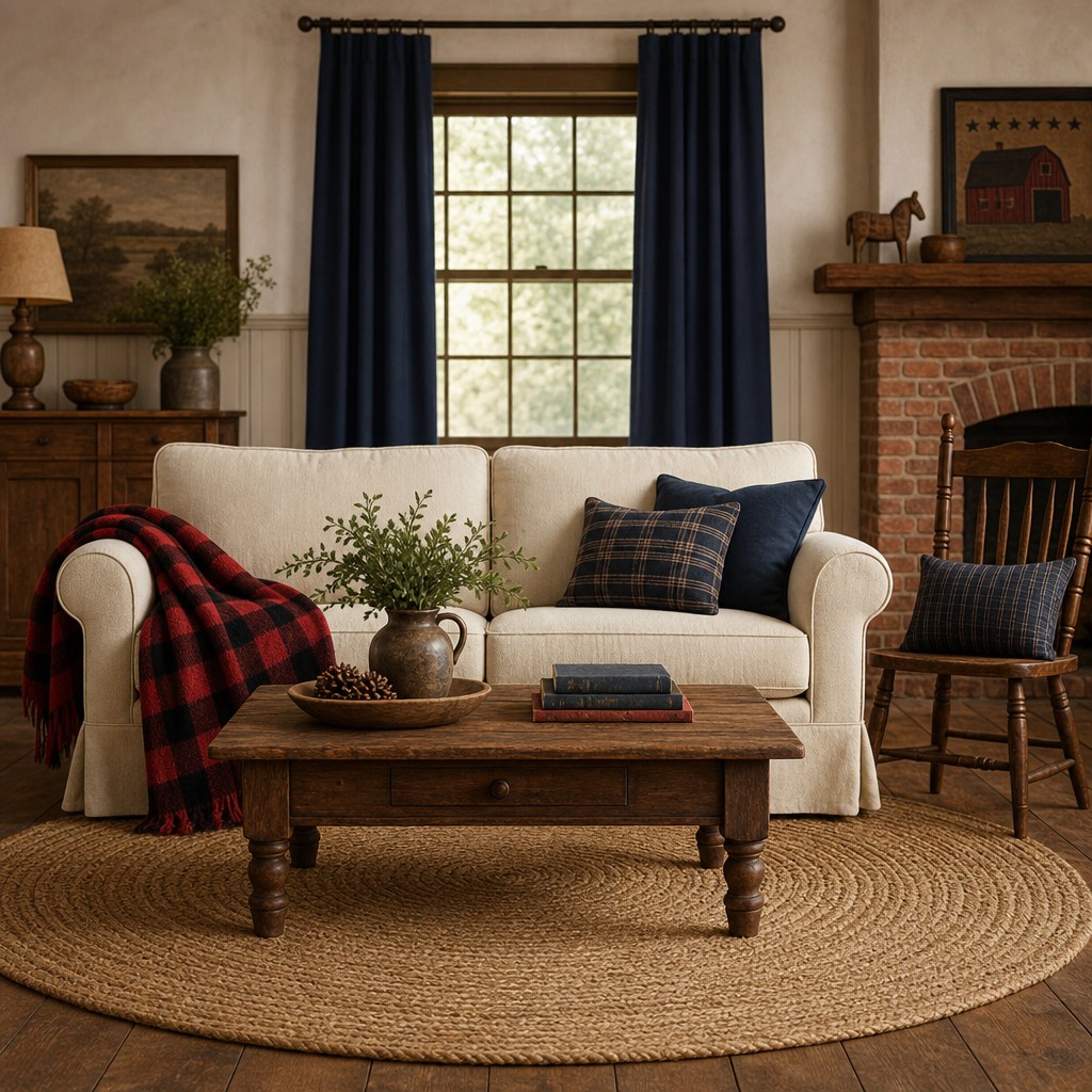 Americana buffalo check textile layer: round braided jute area rug in natural tan tones under a farmhouse coffee table, red-and-black buffalo check wool throw draped over cream sofa arm, solid navy linen curtains at window