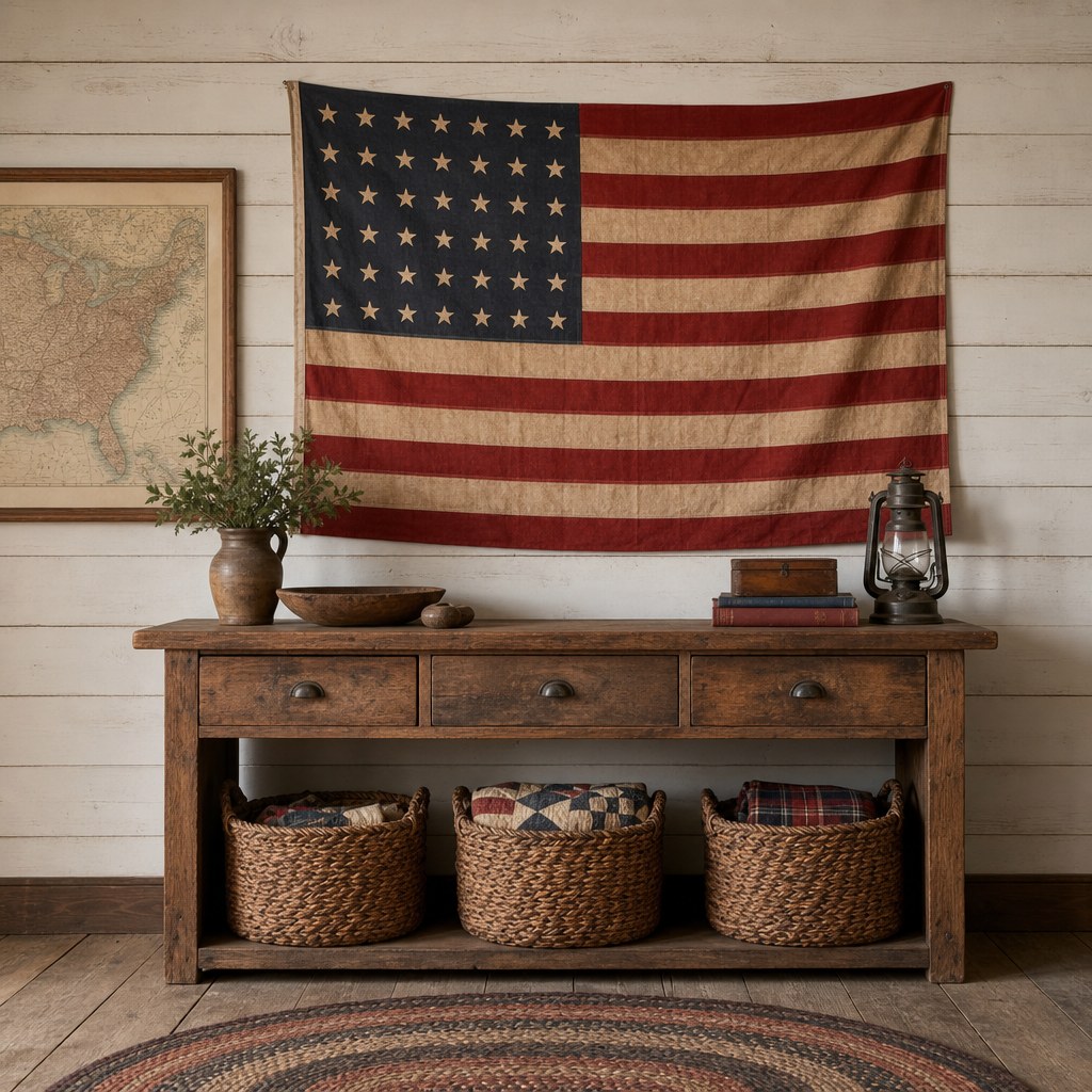 Americana barn wood and vintage art layer: antique linen reproduction American flag hung as textile art on a whitewashed shiplap wall, wide-plank barn wood entry console with woven seagrass baskets below, framed antique US state topographic map