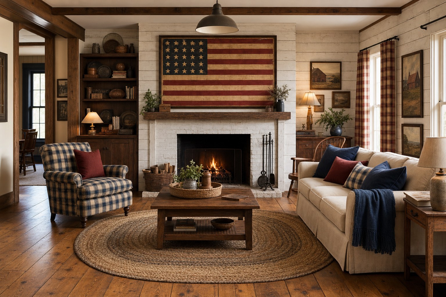 Americana interior design living room with navy blue and barn red accent pillows on a cream linen sofa, wide-plank oak hardwood floors, vintage American flag art above a whitewashed shiplap fireplace, and a braided jute rug grounding the seating area