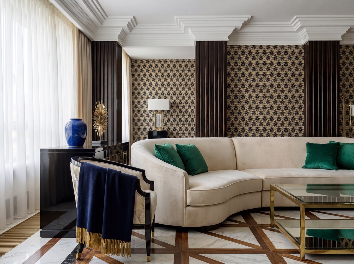 Art Deco jewel tone palette: emerald green velvet pillow covers on cream sofa, sapphire blue ceramic vase on lacquered black side table, deep navy throw with gold fringe, jewel tones against ivory wall