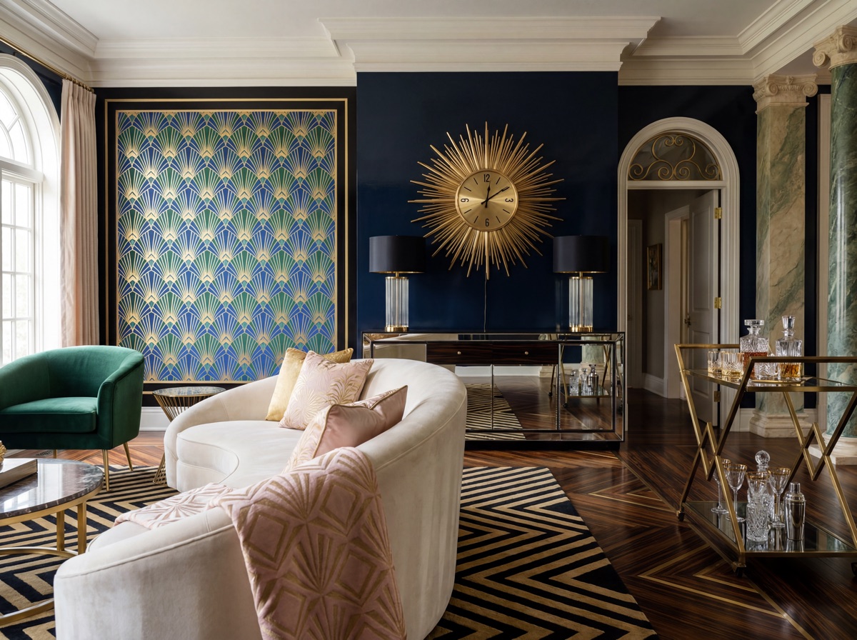 Art Deco geometric pattern layer: sunburst wall clock in brass on navy wall, chevron black and gold area rug on hardwood floor, geometric fan-pattern wallpaper panel behind cream sofa, all repeating the sunburst and chevron vocabulary