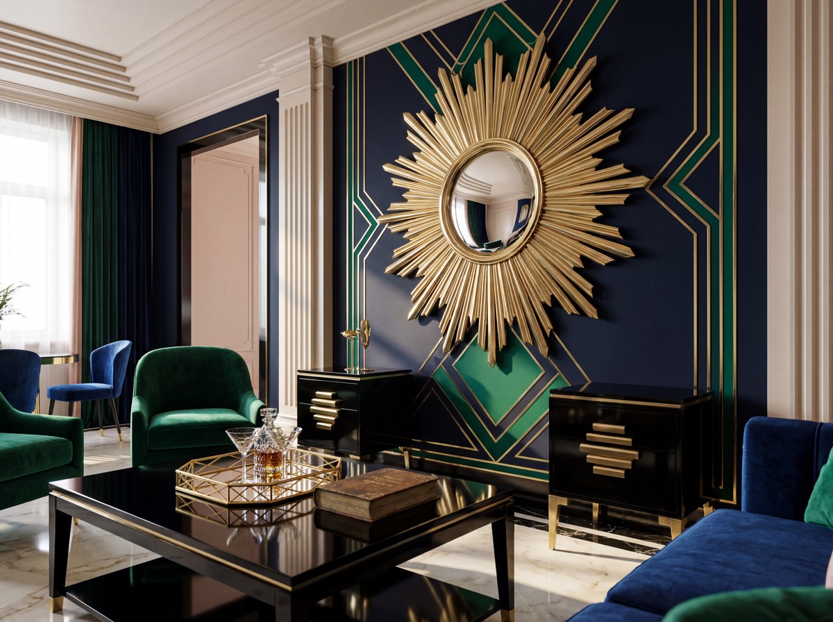 Art Deco metallic accent system: large sunburst mirror in polished brass on deep navy wall, geometric brass tray on black lacquered coffee table, black lacquered side table with brass drawer pulls and legs, all metallics echoing the geometric pattern vocabulary