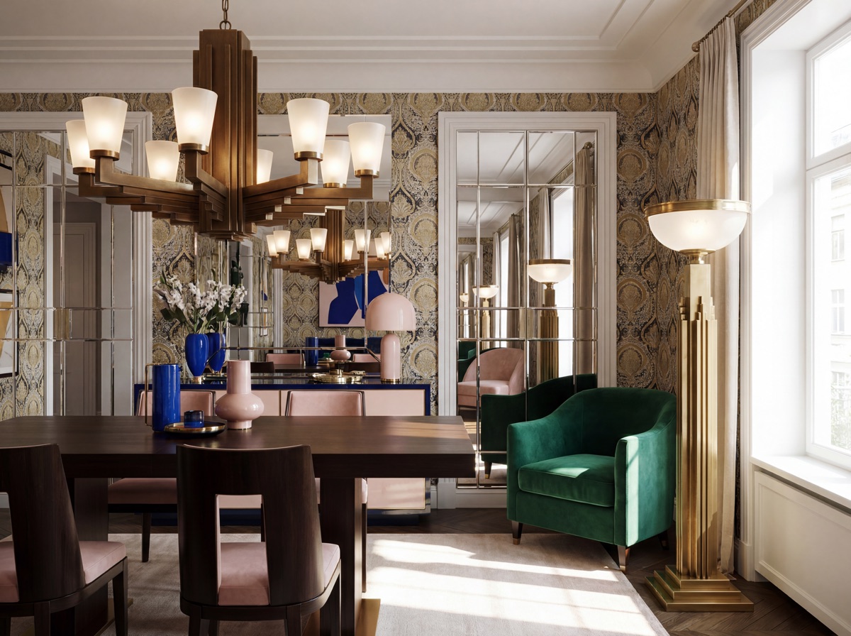 Art Deco statement lighting: geometric bronze chandelier with frosted glass shades in stepped art deco silhouette above a dining table, and a skyscraper-style brass floor lamp with stepped base and frosted glass dome beside emerald velvet chair