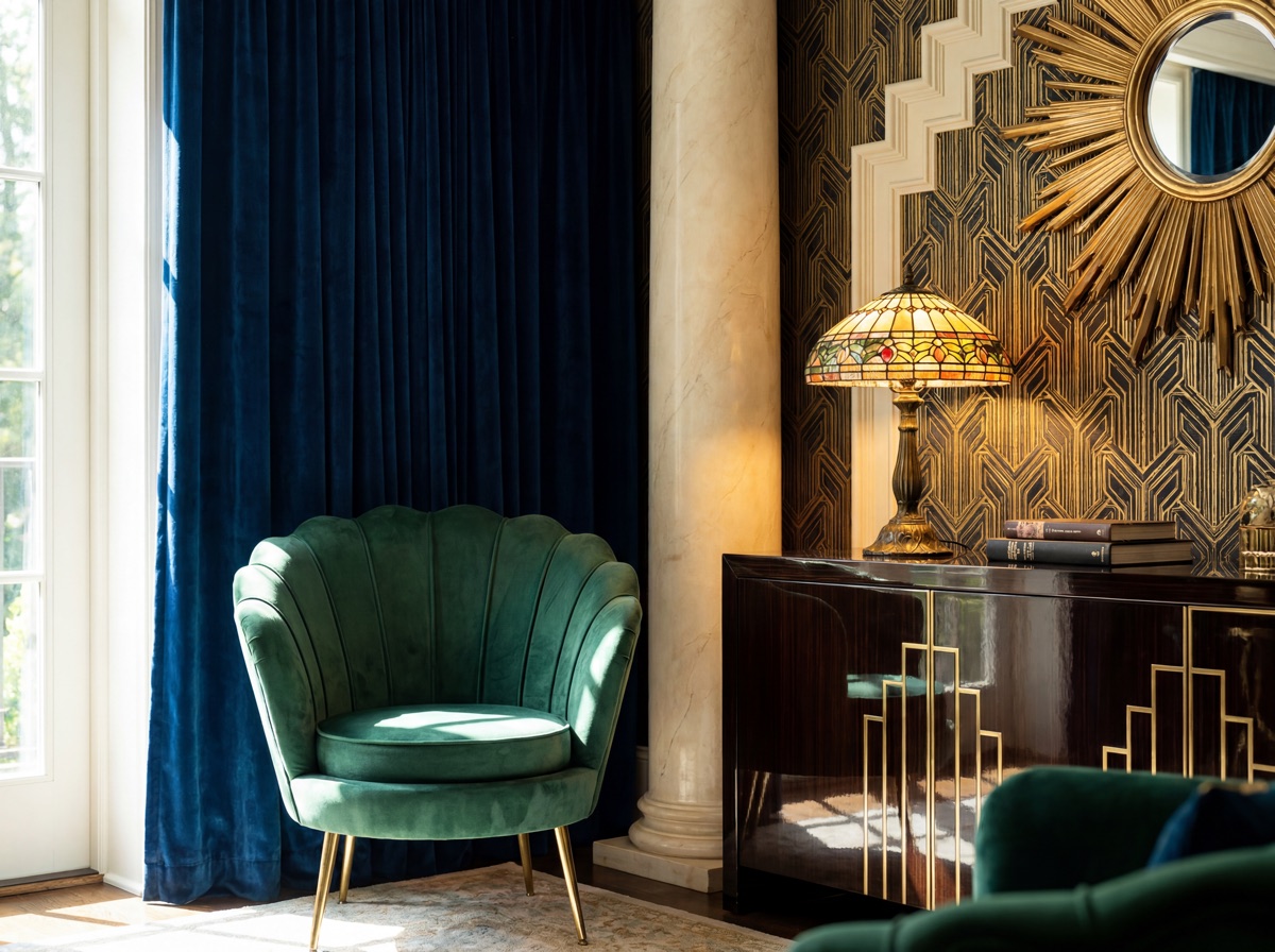 Art Deco luxurious textile core: emerald green velvet sofa with brass-framed back, deep sapphire velvet curtains at tall window, Tiffany-style stained glass accent lamp on lacquered side table, faux silk cushion covers with gold geometric embroidery