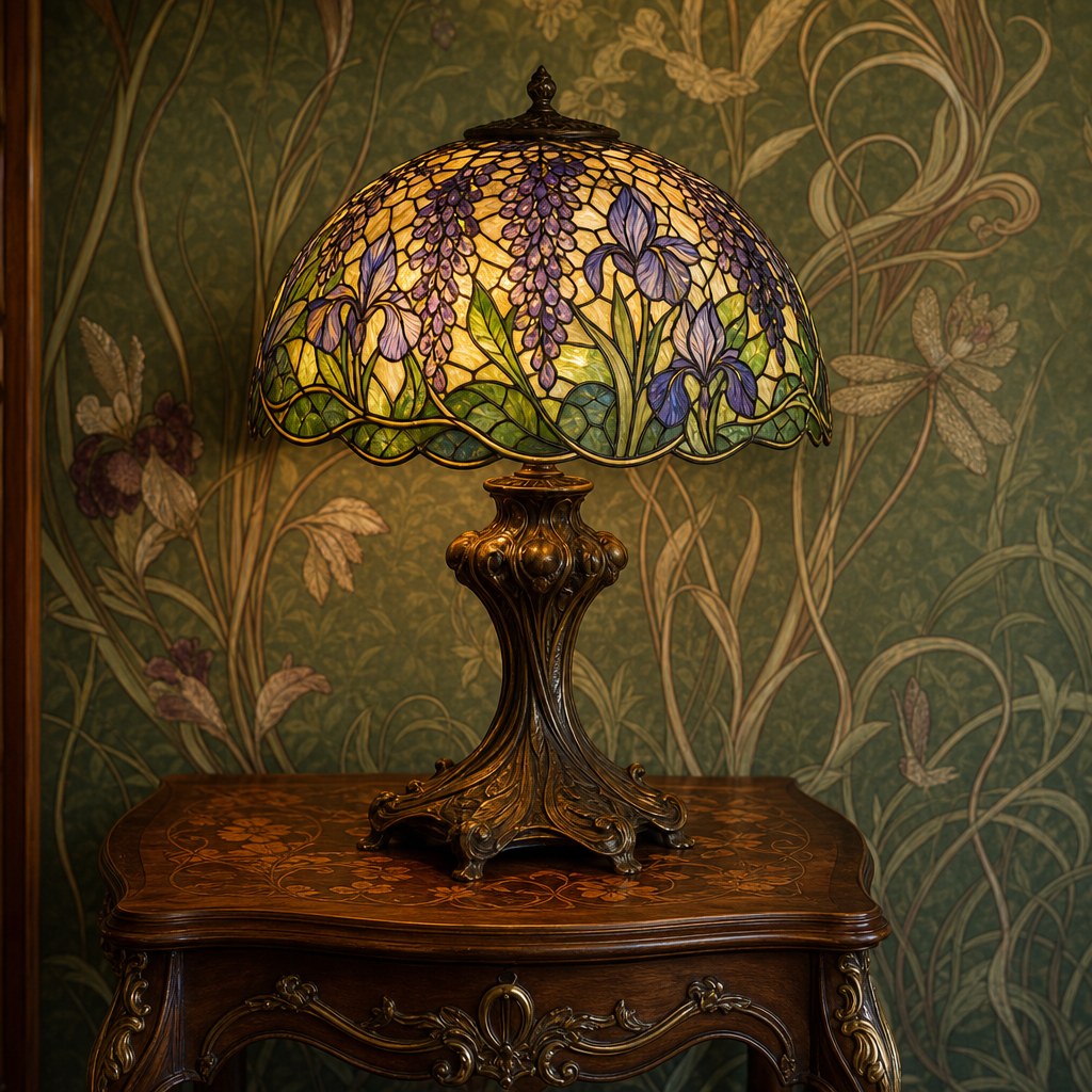 Art Nouveau stained glass Tiffany-style table lamp with wisteria and iris motifs casting jewel-toned amber and green light, set on a carved walnut side table against an olive green botanical wallpaper background