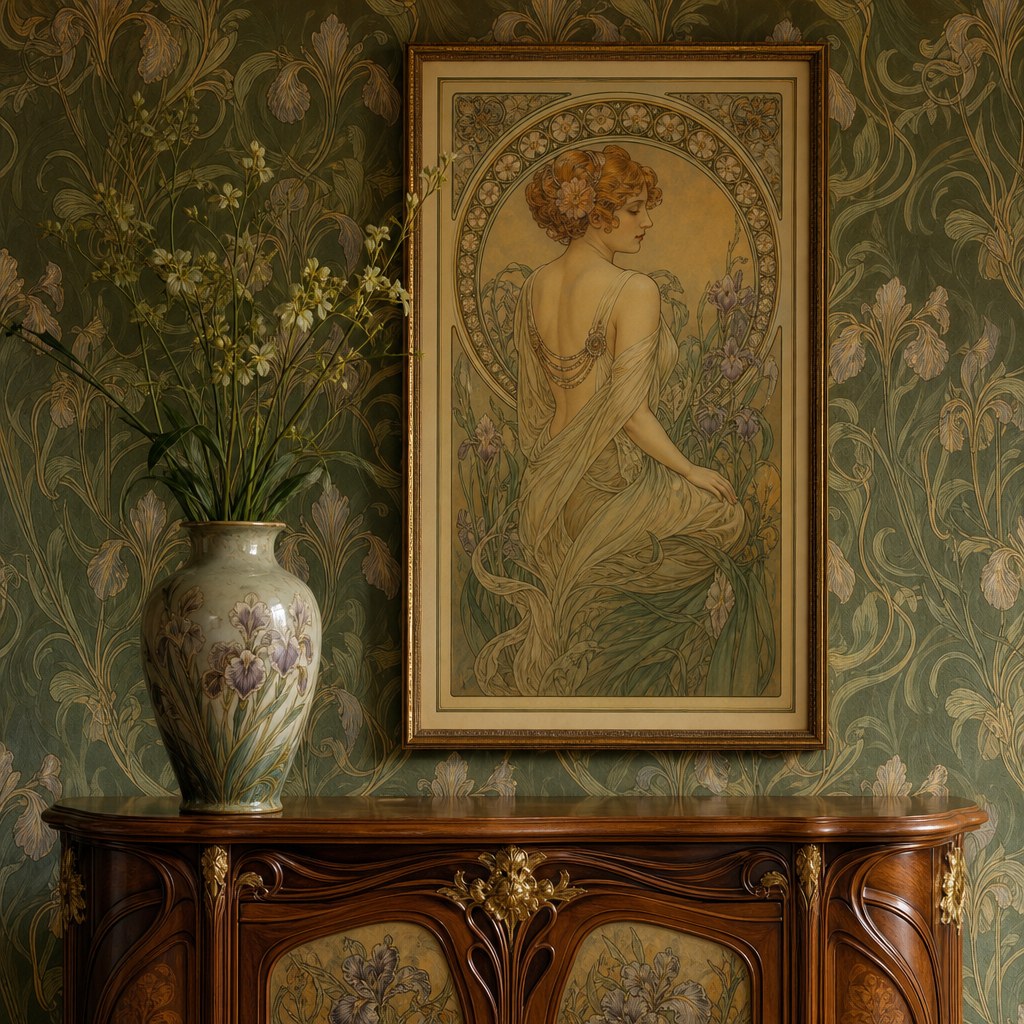 Art Nouveau botanical surface layer: botanical wallpaper with flowing iris and vine motifs in olive green and soft gold on a feature wall, ceramic vase with hand-painted floral botanical motif on a carved walnut console, framed Mucha-style art print with flowing figure and botanical border
