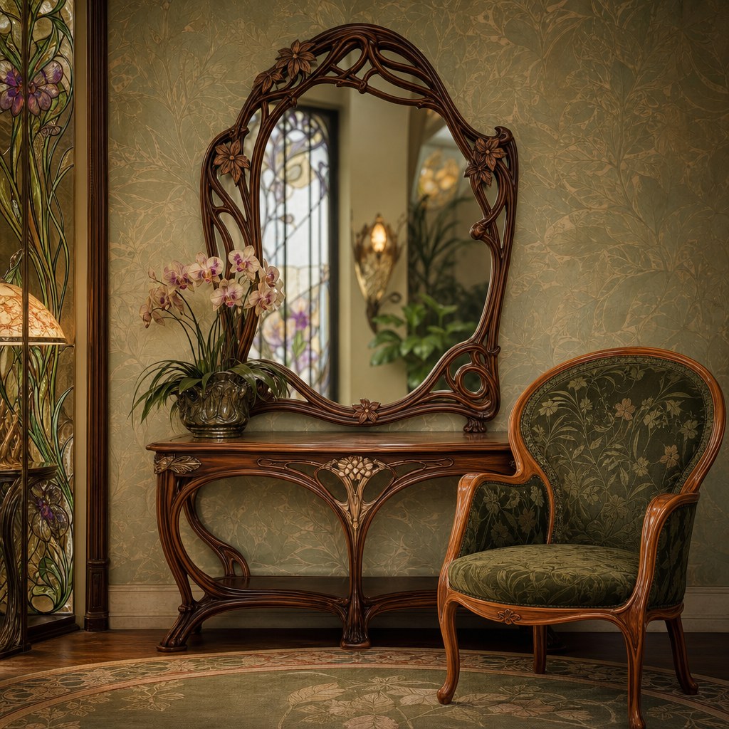 Art Nouveau organic curved furniture: carved walnut accent mirror with vine and botanical frame, curved-back occasional chair in warm oak with olive green botanical upholstery, carved wood console table with S-curve legs in warm walnut finish
