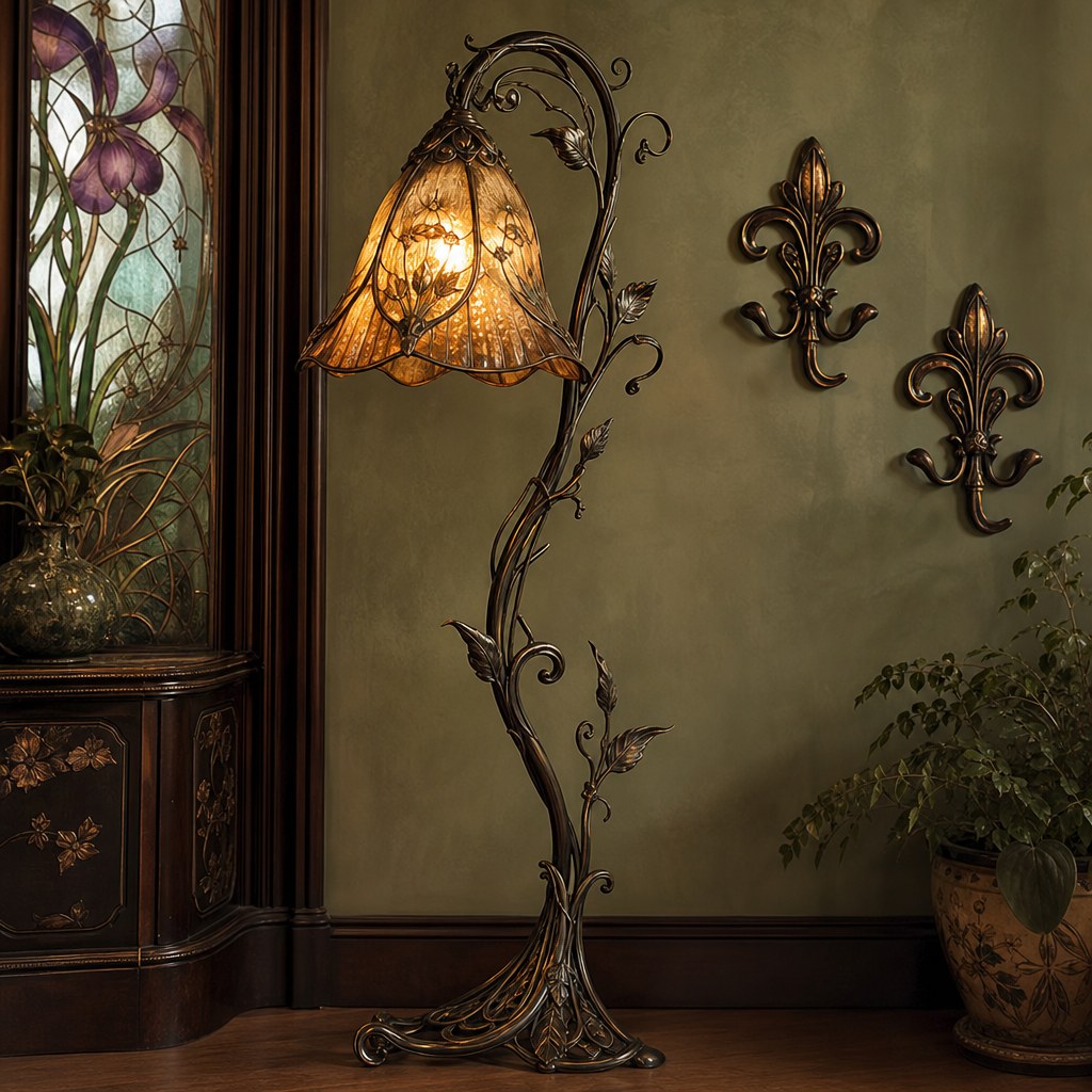 Art Nouveau wrought iron metalwork: floor lamp with vine-pattern wrought iron stem and amber glass shade casting warm botanical light, cast iron wall hooks with fleur-de-lis botanical motifs in antique bronze finish mounted on olive green wall