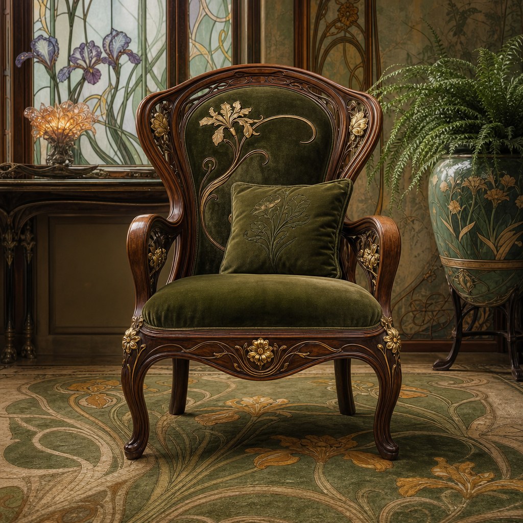 Art Nouveau nature-palette foundation: botanical area rug in olive green, amber, and cream with stylized iris motif, olive green velvet cushions on carved wood chair, deep emerald velvet throw on sofa, potted fern in a ceramic botanical-motif planter
