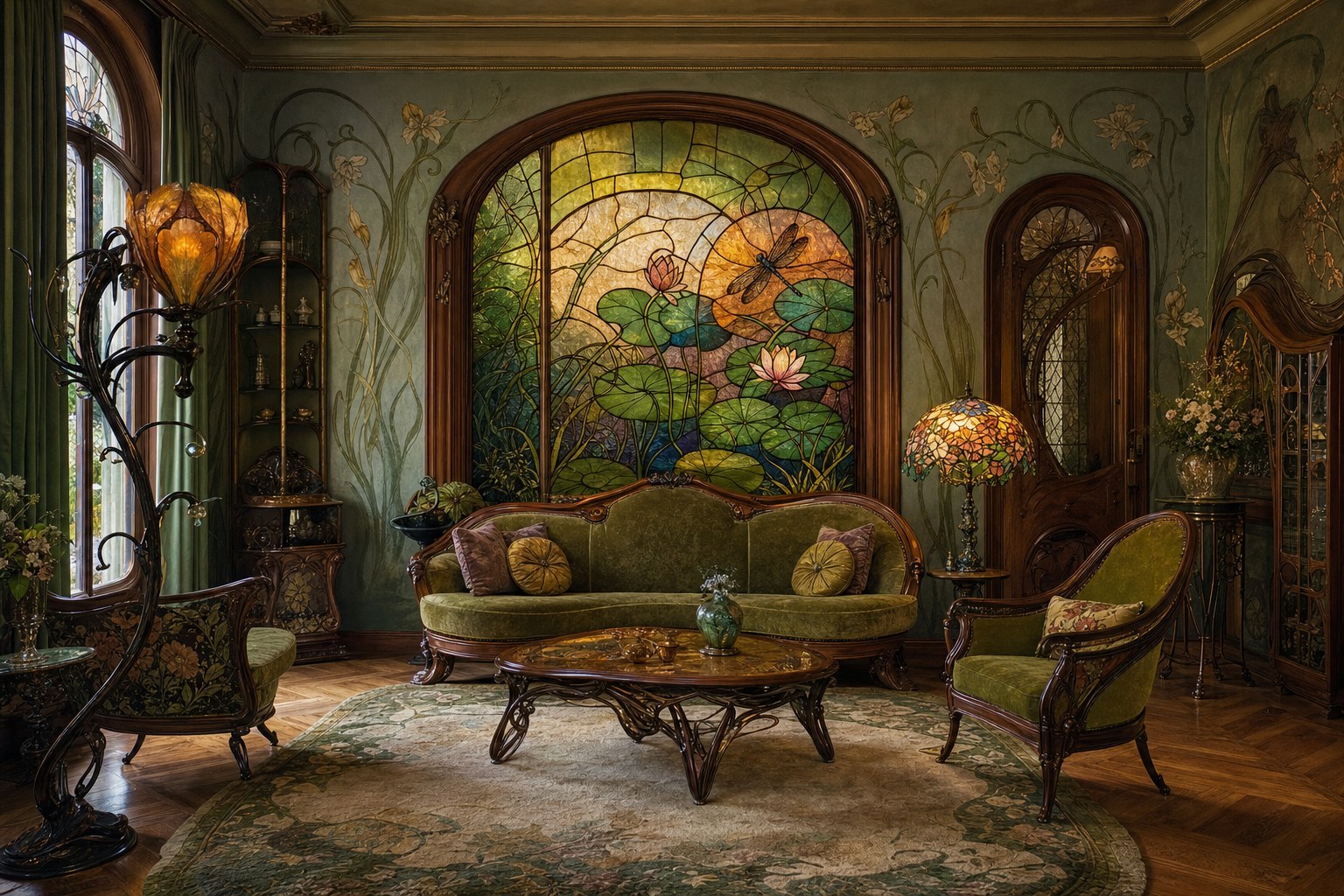 Art Nouveau interior design living room with curved organic furniture, botanical botanical wallpaper with flowing vine motifs, stained glass table lamp casting jewel-toned light, wrought iron floor lamp with iris detailing, and earthy olive green and amber color palette