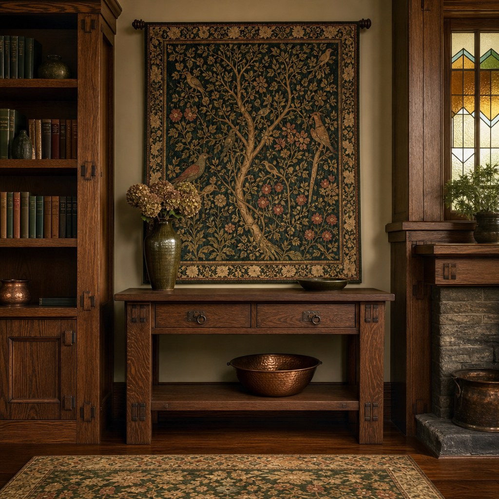 Arts and Crafts Craftsman living room with mission-style oak bookcase showing exposed mortise-and-tenon joinery at corners, quarter-sawn oak floating shelf with silver ray-fleck grain, and solid oak console table with visible through-tenons in dark natural stain