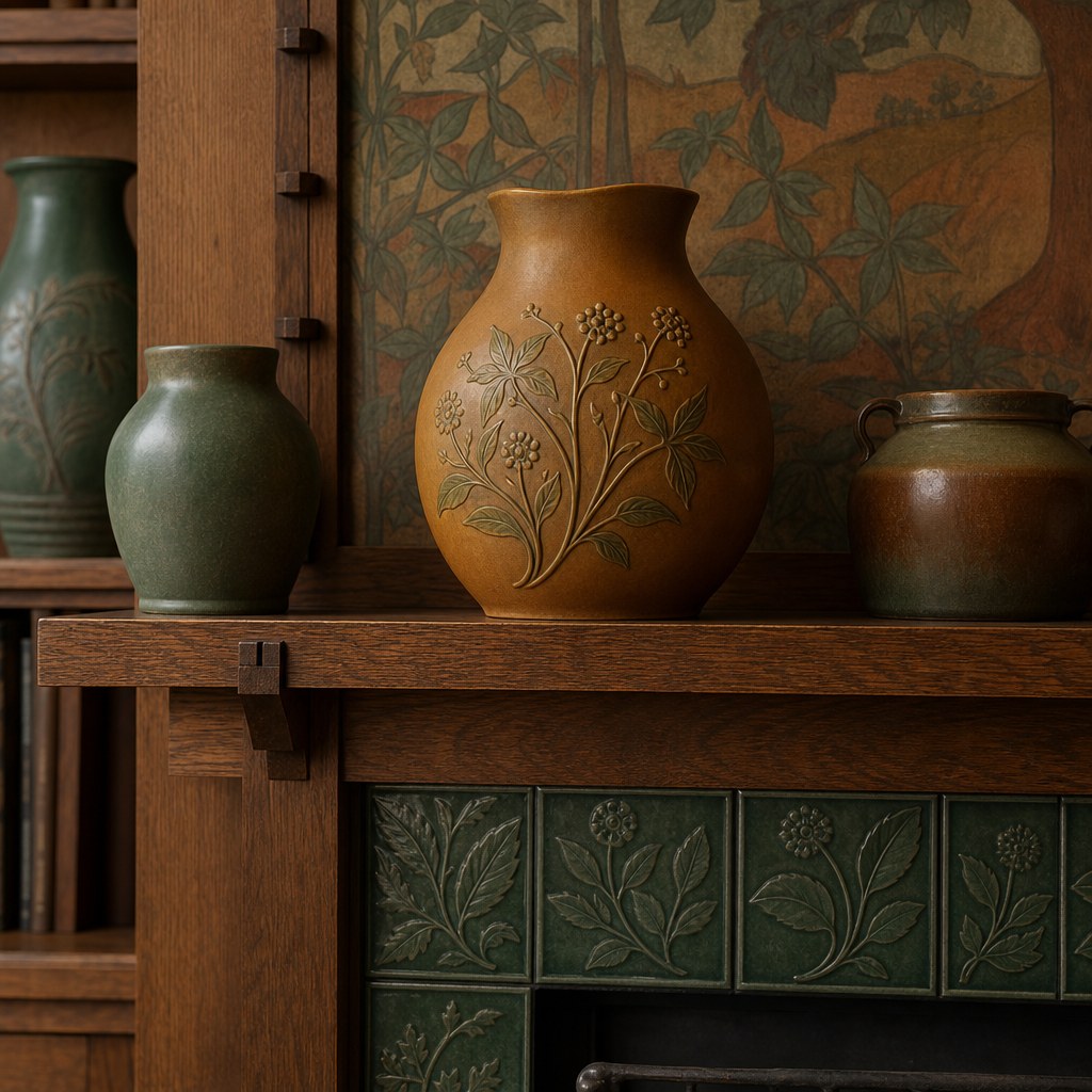 Arts and Crafts handcrafted ceramics display: matte-glazed Rookwood-style pottery in deep sage green and amber brown on a mission oak floating shelf, hand-formed ceramic vase with botanical relief in warm ochre, Arts and Crafts tile with nature motif in matte forest green glaze on fireplace surround