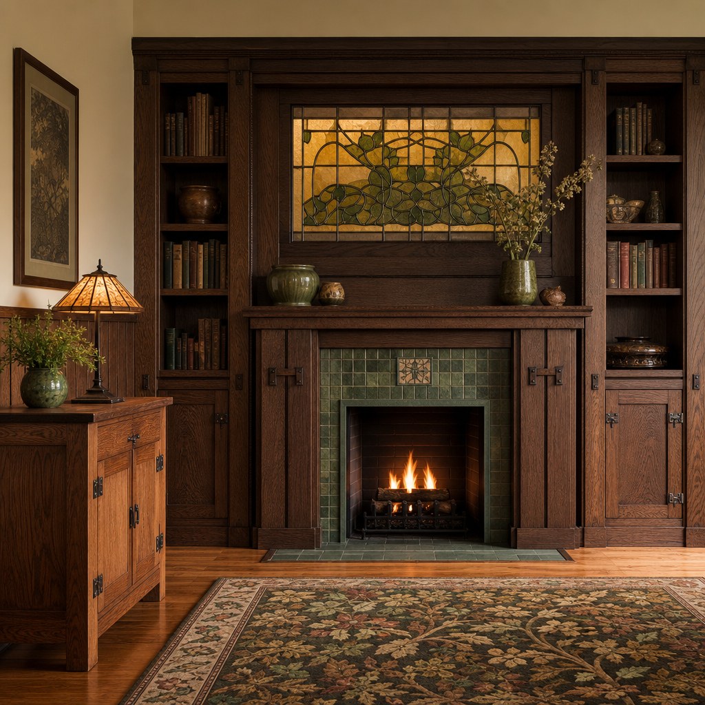 Arts and Crafts Craftsman built-in cabinetry: floor-to-ceiling mission oak bookshelves flanking a tile fireplace surround, board-and-batten wainscoting panel in dark oak stain at chair-rail height, freestanding mission storage cabinet with exposed hinges and simple hardware